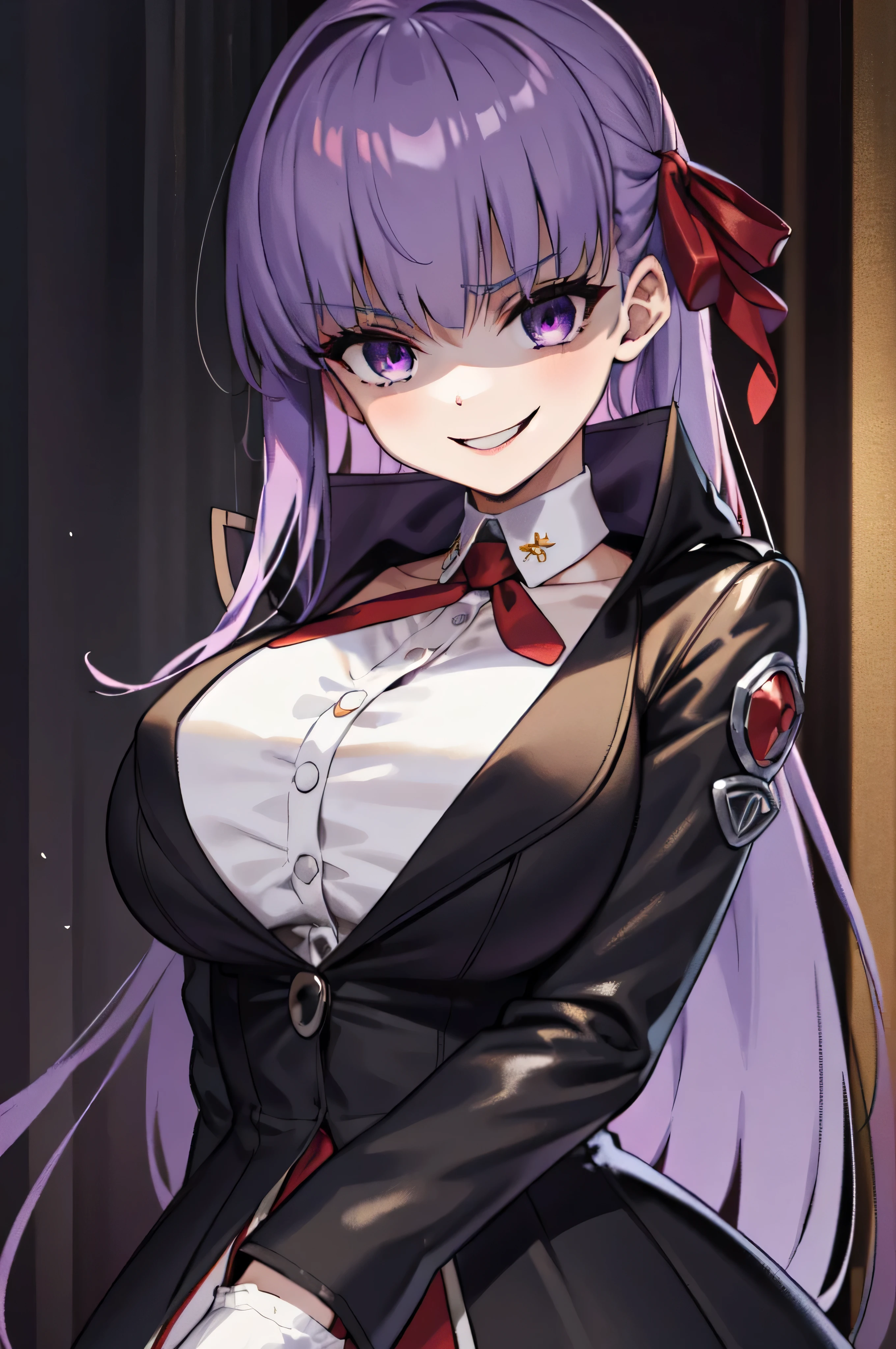  Isoscale, Mid Shot,  night, ,,, Purple Hair, Black jacket, , Red ribbon, Big Breasts, Purple eyes, White gloves, Long Hair, Large collar, evil Smile,,,(evil Smile:1.3),Highly detailed CG Unity 8K wallpapers, Perfect lighting,,Looking down at the viewer,,Anxious smile,Black and purple world background,deep shaded face(eyes in shadow),solo,Yandere,,look down,looking down at viewer, ,,from below,close up,Dark Side、),((masterpiece,best quality)), 