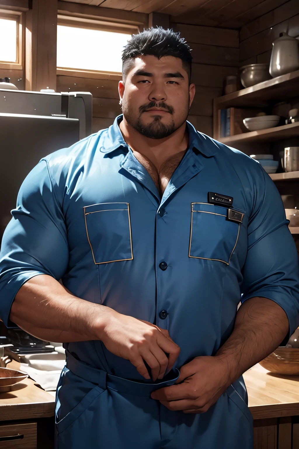 ((upper body:1.2)),A portrait full body photograph, strong burly hairy mature 40years Mongolian man, A tractive mid age Mongolian,Round face:2,heavy worker, hard worker, balg Strong, muscular, hairy big belly,((looking at viewer)),((((detail eyes)))), ((blue coveralls)),((blue work uniform)),Balanced light,room,Natural standing pose,very short hair, very short goatee, epic realistic, photo, ((((hdr)))), intricate scene, thick public hair, NSFW, Large body, wild plump uncle, a mature adult, facial hair, thick body, muscular, bulky, ((kind expression)),Friendly attitude,(perfect body proportions : 1.2), a mature adult, bare foot, 8K quality, photo