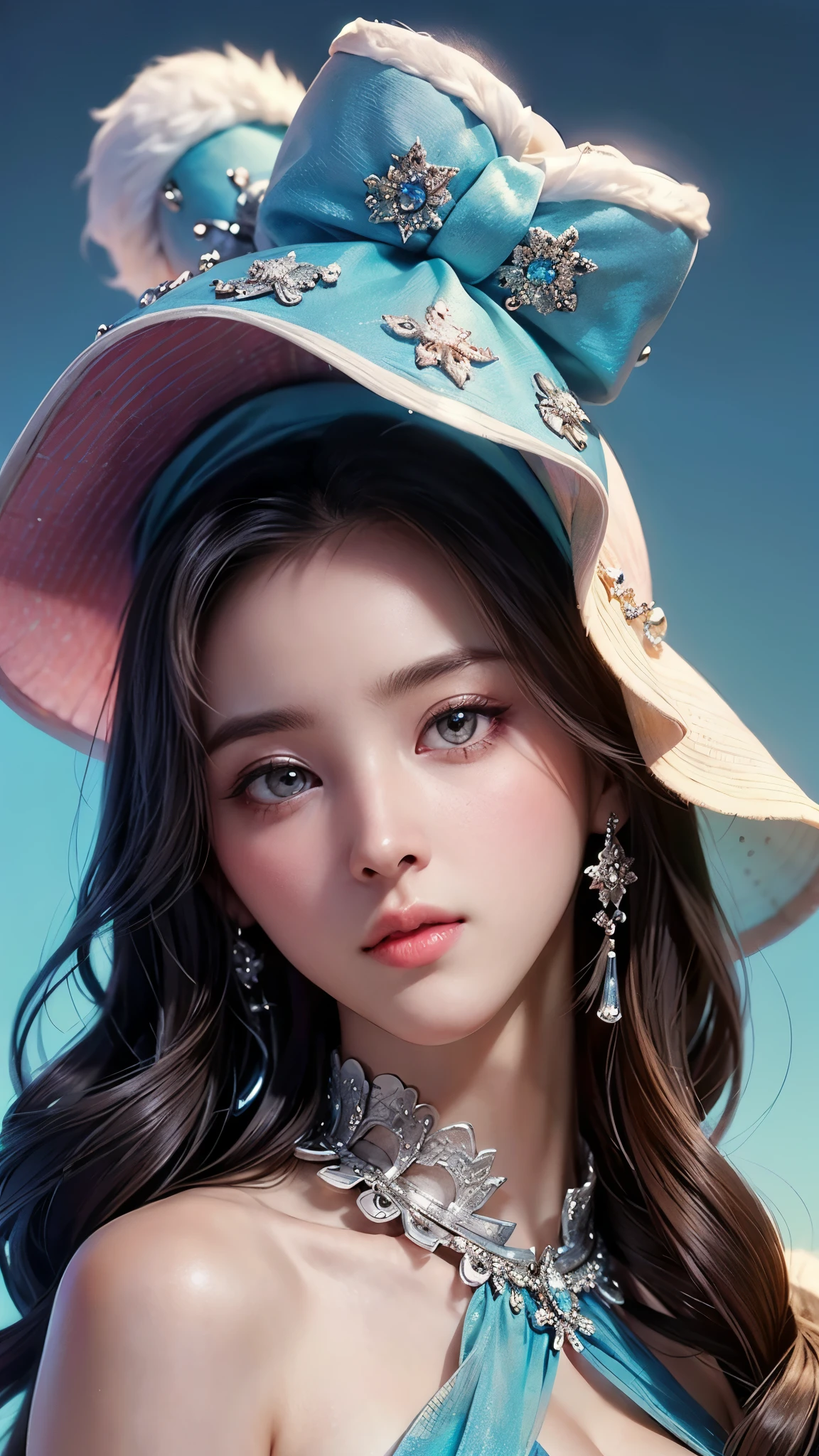 (masterpiece), ( top notch ), ( high quality detail ), (illustration), (1 woman),  are watching viewers, (Interview),  beautiful detailed eyes ,  delicate and beautiful face , Floating , (Highly saturated ), (shining),  blue sky, Bright and beautiful face,  Her skin is young, radiant, , 공정하고 shining, Best appearance , Very beautiful,  big eyes shine with clear sky blue light,  beautiful and amazing beautiful girl ,