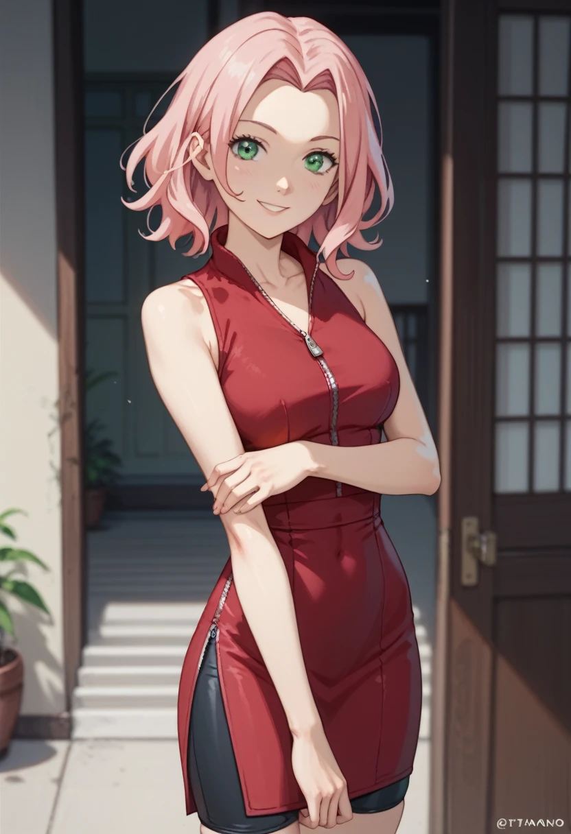 1girl, teen, looking at the viewer, smile, mature woman, thin waist, very very thin waist, very slim body, very slender body, petite body, slim thighs and waist. sakura haruno, medium hair, green eyes, pink hair, parted bangs, dress, bare shoulders, collarbone, sleeveless, red sleeveless dress, zipper, black bike shorts, teen, forehead protector, leaning forwards,