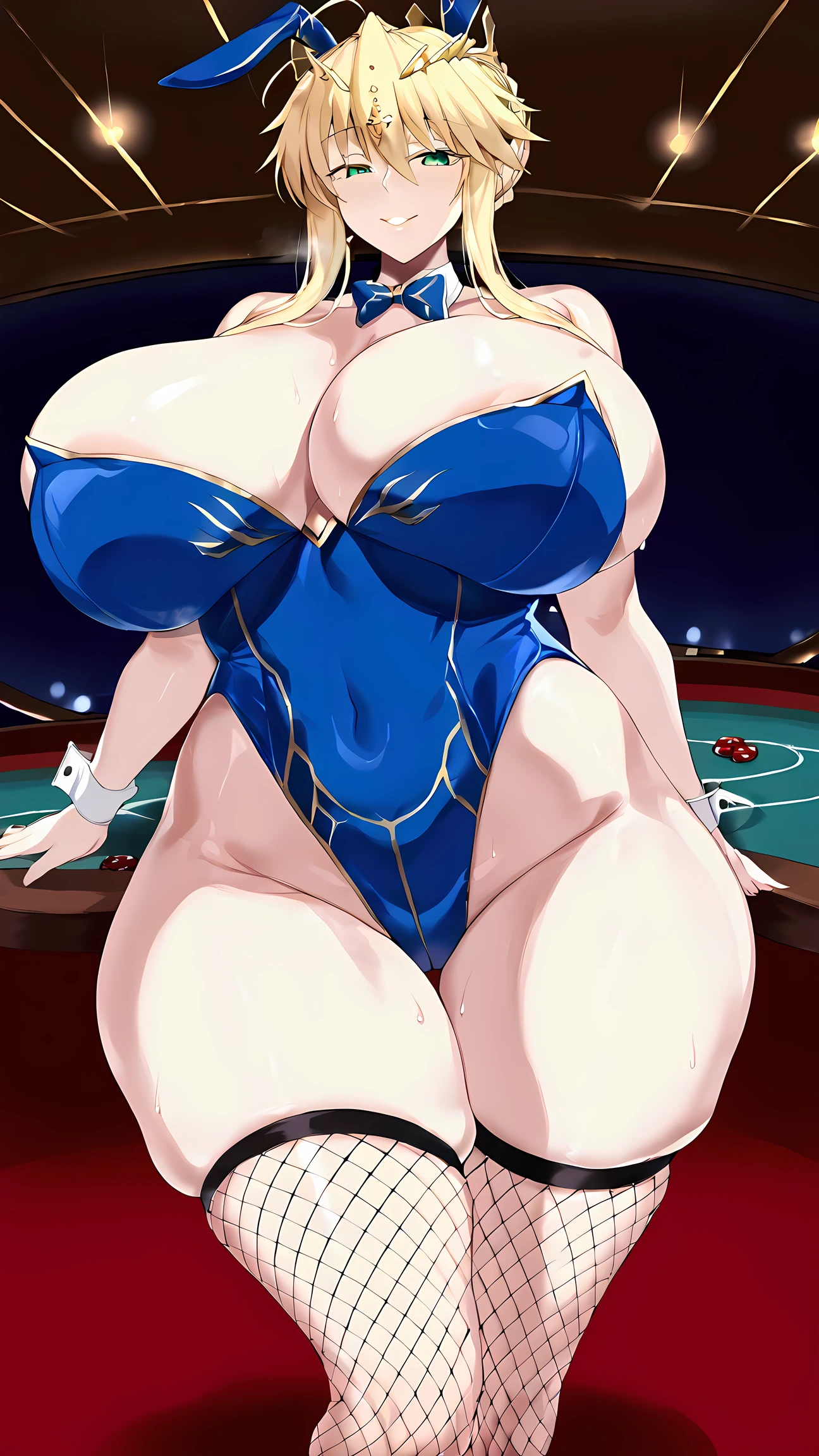 score_8, 1girl, Artoria Pendragon Lancer(fate grand order),  big breasts, wide hips, thighs, thick thighs, sweaty skin, casino table, lights, cards, looking at the viewer, smile, well detailed eyes, perfect hands, bunny suit, fishnet stockings