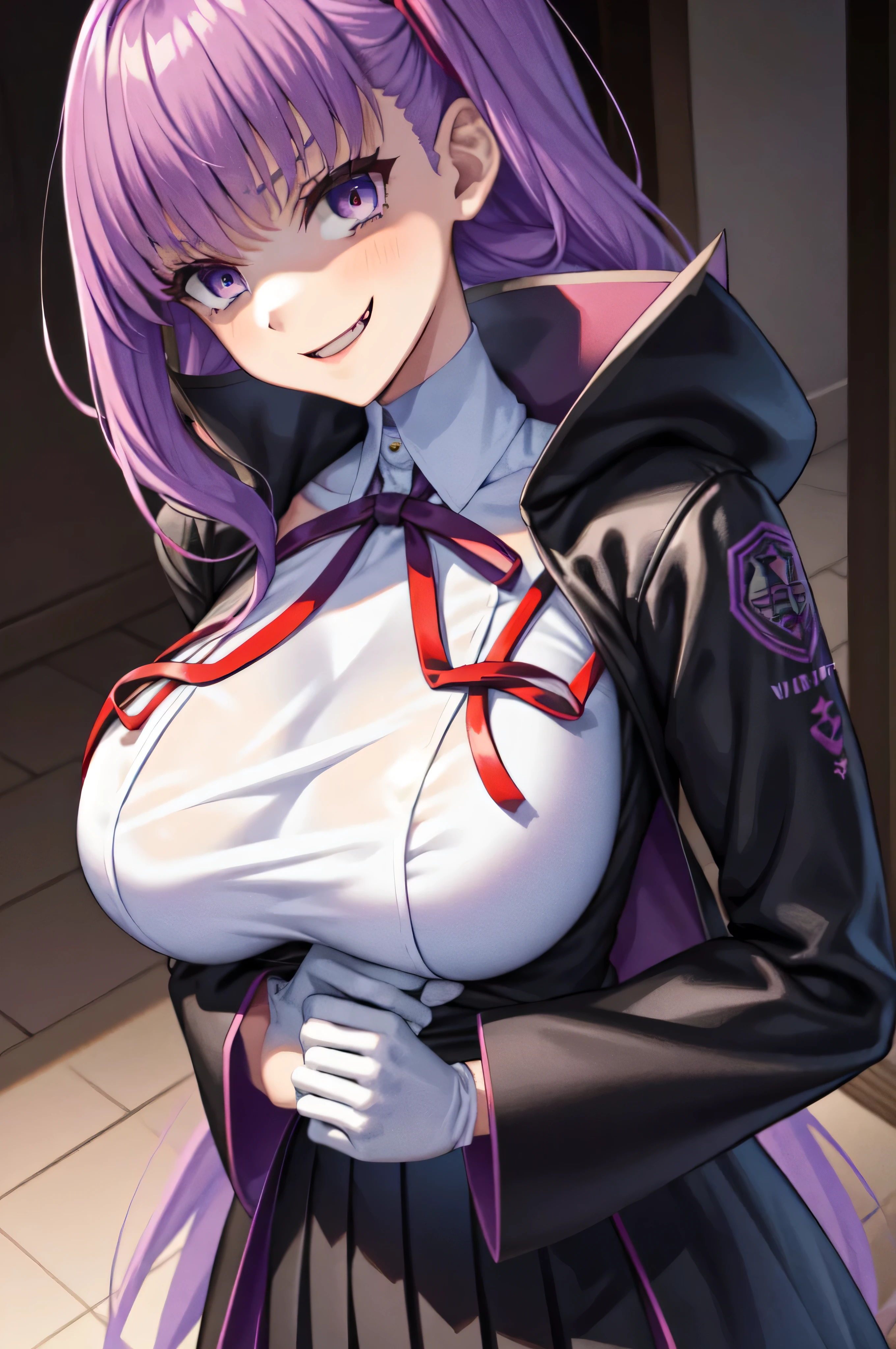  Isoscale, Mid Shot,  night, ,,, Purple Hair, Black jacket, , Red ribbon, Big Breasts, Purple eyes, White gloves, Long Hair, Large collar, evil Smile,,,(evil Smile:1.3),Highly detailed CG Unity 8K wallpapers, Perfect lighting,,Looking down at the viewer,,Anxious smile,Black and purple world background,deep shaded face(eyes in shadow),solo,Yandere,,look down,looking down at viewer, ,,from below,close up,Dark Side、),((masterpiece,best quality)), 