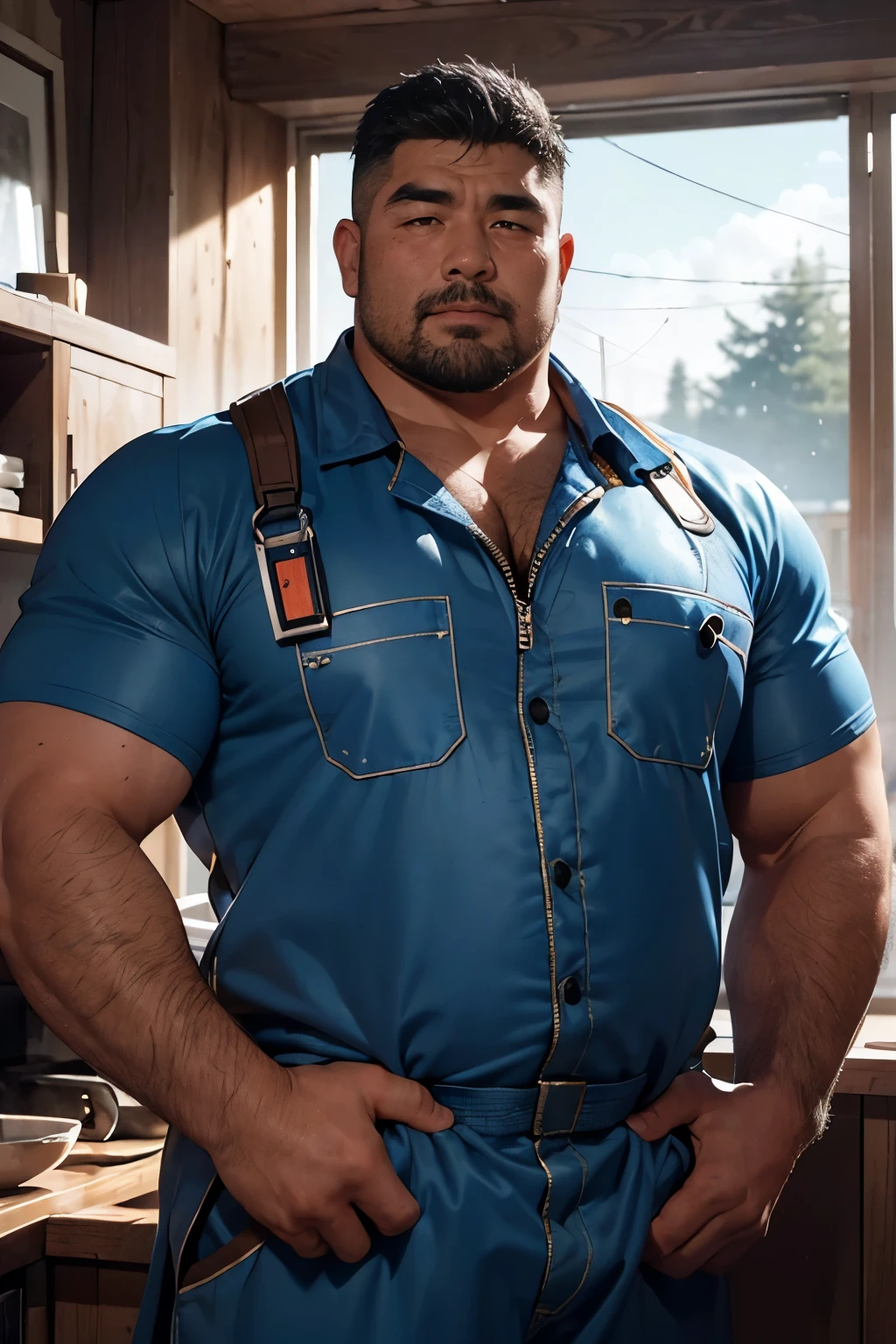 ((upper body:1.2)),A portrait full body photograph, strong burly hairy mature 40years Mongolian man, A tractive mid age Mongolian,Round face:2,heavy worker, hard worker, balg Strong, muscular, hairy big belly,((looking at viewer)),((((detail eyes)))), ((blue coveralls)),((blue work uniform)),Balanced lightning,room,Natural standing pose,very short hair, very short goatee, epic realistic, photo, ((((hdr)))), intricate scene, thick public hair, NSFW, Large body, wild plump uncle, a mature adult, facial hair, thick body, muscular, bulky, ((kind expression)),Friendly attitude,(perfect body proportions : 1.2), a mature adult, bare foot, 8K quality, photo