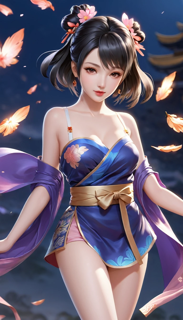 one-girl，middlebreast，cabelos preto e longos，hair straight，Air bangs，Wear gold peony jewelry，best facial description，with brown eye，mesmerizing eyes，long eyelasher，face flushed，Ears decorated with gold earrings，face to the viewer，staredown，(Wearing a purple printed high-slit cheongsam)，(cropped shoulders)，(Peony print cheongsam)，(Gold bracelet on right hand)，(Put the orchid finger of your left hand on your chest)，(Place your right hand in the lower right corner)，(exposing thighs)，(Background decorated with flowers:1.3)，best art form，Best quality at best,(flat colour:1.3),(Colorful:1.3),(tmasterpiece:1.2), Best quality at best, tmasterpiece, Original, very detailed wallpaper, looking at viewert,1个Giant Breast Girl,Alone,