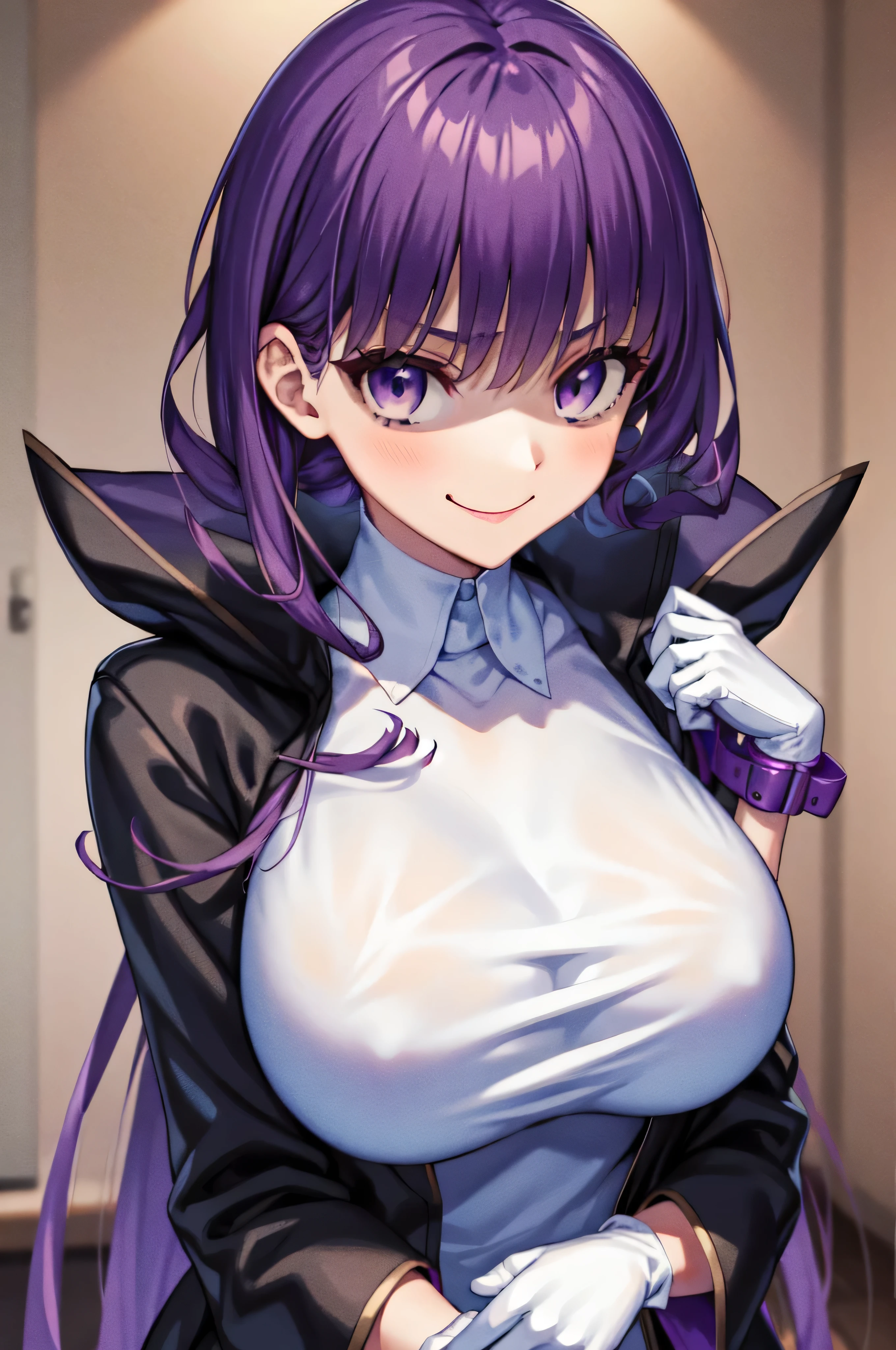  Isoscale, Mid Shot,  night, ,,, Purple Hair, Black jacket, , Red ribbon, Big Breasts, Purple eyes, White gloves, Long Hair, Large collar, evil Smile,,,(evil Smile:1.3),Highly detailed CG Unity 8K wallpapers, Perfect lighting,,Looking down at the viewer,,Anxious smile,Black and purple world background,deep shaded face(eyes in shadow),solo,Yandere,,look down,looking down at viewer, ,,from below,close up,Dark Side、),((masterpiece,best quality)), 