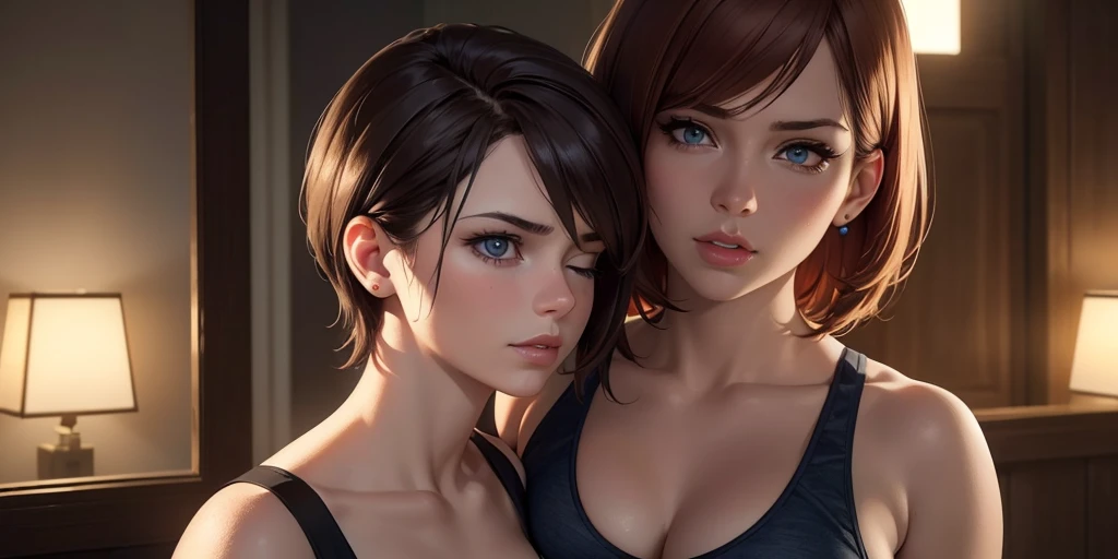 (masterpiece:1.3), (8k, photorealistic, RAW photo, best quality: 1.4), (1girl), beautiful face, (realistic face), (black hair, medium hair:1.3), (2girl) (ginger hair, short hair:1.3), beautiful hairstyle, realistic eyes, beautiful detailed eyes, (realistic skin), winged eyeliner, dark lipstick, earrings, beautiful skin, (see through top), large breasts, absurdres, attractive, ultra high res, ultra realistic, highly detailed, golden ratio, (two heads)