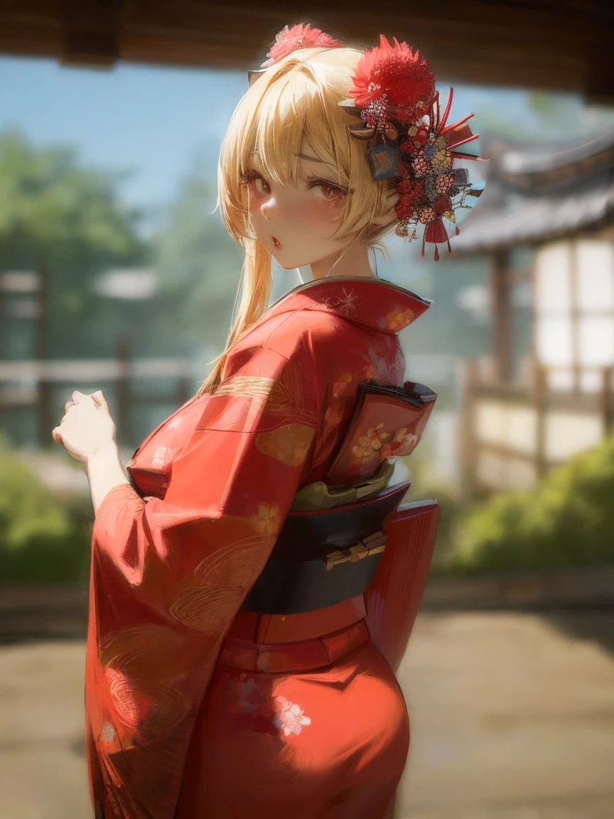 (masterpiece, highest quality:1.2), (NSFW), 1 girls, , ((She's wearing a very cute outfit)),  ((Red kimono)) , ((Japanese Festivals)), (eyes half closed), (large tears), (lots of drool), The body shakes violently, ((Hasselblad Photos)), [:(detailed face:1.2):0.2],(Cute tattoo), orgasm , aroused , Big breasts , Sexy pose , Hair accessories ,from behind,