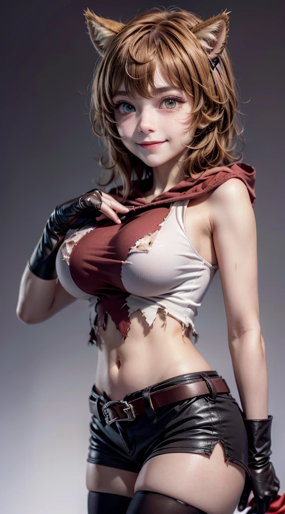 16k, highres, masterpiece, best quality, realistic, cinematic photo a very short girl, solo, (looking at viewer:1.2), high definition, 8K, detailed face, grabbing her breast, showing her breast,  (1girl, torn thighhighs, brown hair, gloves, navel, torn clothes, closed mouth,smile)), (( short hair, simple background, brown hair, gloves, white background, navel, animal ears, brown eyes, medium breasts, tail, shorts, midriff, belt, torn clothes))), luminous forest,((large breasts)), slim and thin, body of equal proportions, ((focus on her breast)), front view, four fingers and 1 thumb, ((2 hands)), Blonde hair, Beautiful smile, Smiling at viewer, blushing cheeks, (brown eyes:1.2),

