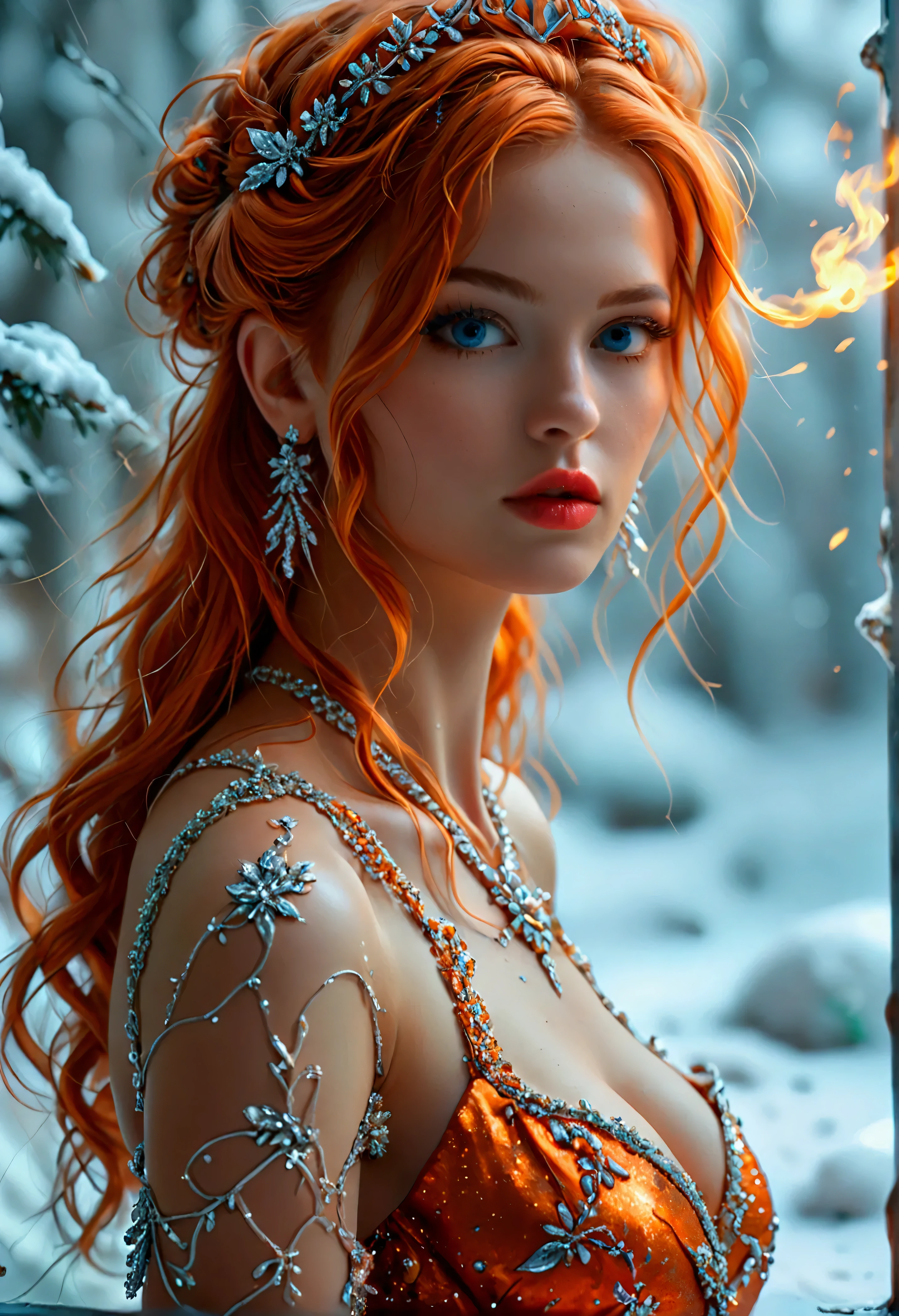 a glamour picture shot, of an elite model covered in fire walking on a icy catwalk, an extraordinary glamourous elite female model, ((full body: 1.5)),  ((anatomically correct: 1.5), (ultra detailed face: 1.2), best detailed face, orange hair, long hair, lush hair, glam hair cut, blue eyes, delicate face, light make up, wearing intricate detailed dress, glamour dress, haute couture dress, elite fashion dress, FireMagicAI,  small cleavage, wearing high heels, elegant high heels, she wears diamond necklace, she is covered in fire, she walks on an icy cat walk, image reflecting in the ice IceMagicAI, elite fashion show background, vibrant, Hyperrealism style, vibrant, Ultra-high resolution, High Contrast, (masterpiece:1.5), highest quality, Best aesthetics), best details, best quality, highres, ultra wide angle, 16k, [ultra detailed], masterpiece, best quality, (extremely detailed) RAW, FireMagicAI, IceMagicAI, 