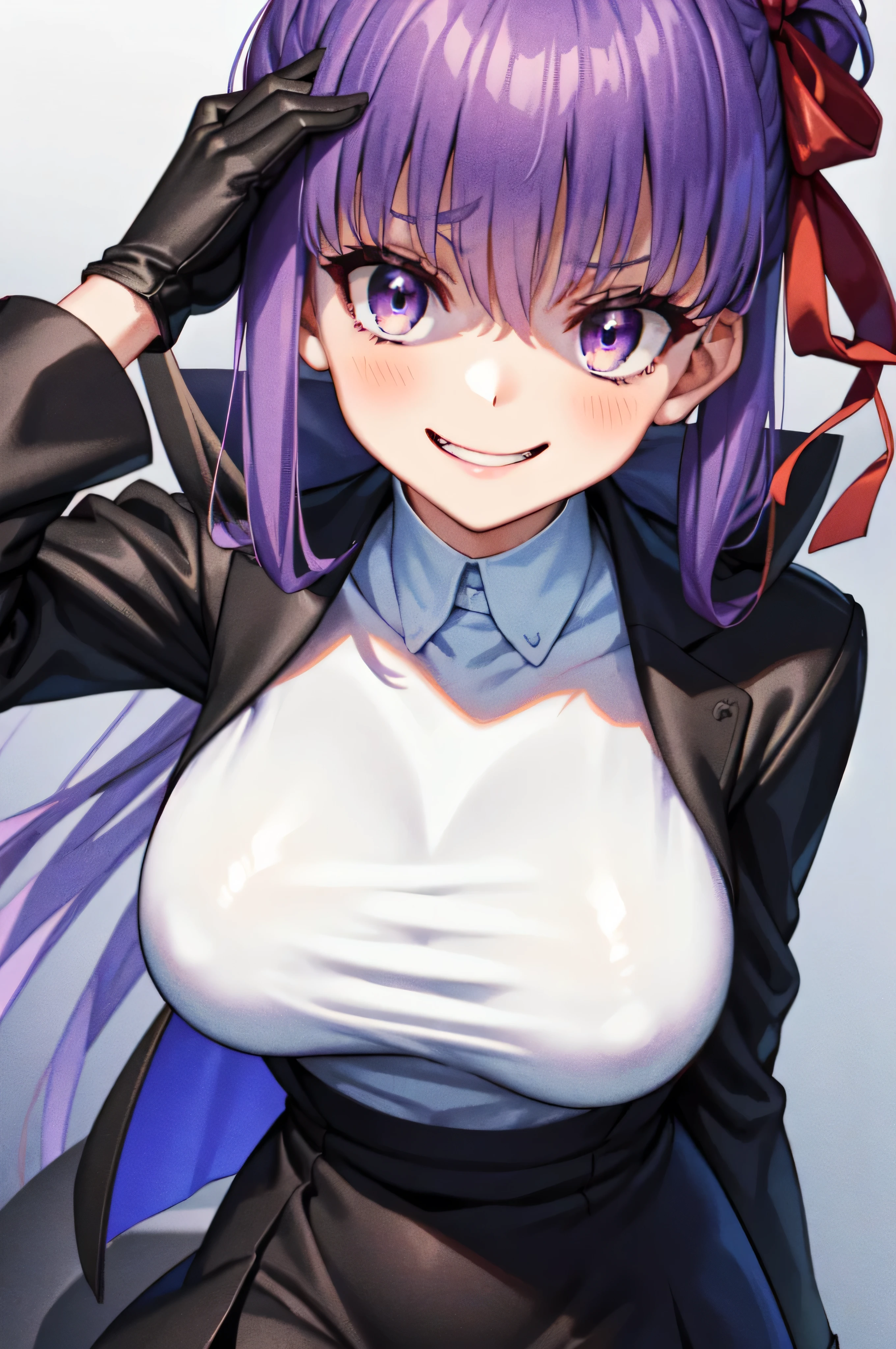  Isoscale, Mid Shot,  night, ,,, Purple Hair, Black jacket, , Red ribbon, Big Breasts, Purple eyes, White gloves, Long Hair, Large collar, evil Smile,,,(evil Smile:1.3),Highly detailed CG Unity 8K wallpapers, Perfect lighting,,Looking down at the viewer,,Anxious smile,Black and purple world background,deep shaded face(eyes in shadow),solo,Yandere,,look down,looking down at viewer, ,,from below,close up,Dark Side、),((masterpiece,best quality)), 