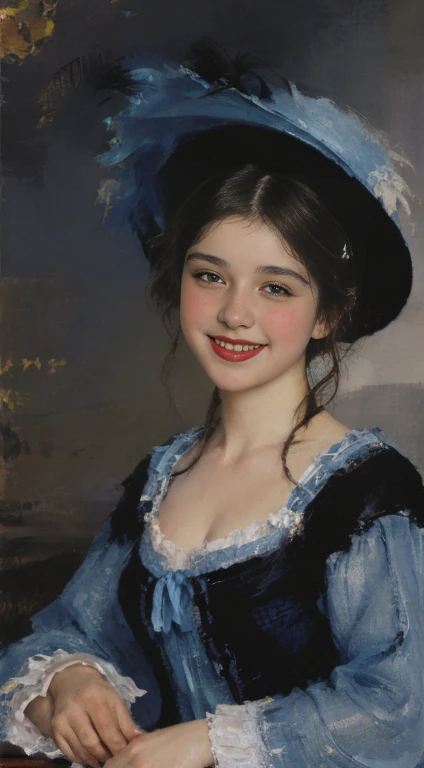 painting of a woman in a blue dress and hat with feathers, ((smile:1.4)), a fine art painting inspired by Konstantin Makovsky, trending on cg society, fantasy art, art of edouard bisson, elegant digital painting, ( ( konstantin razumov ) ), a beautiful victorian woman, victorian lady, wlop painting style, elegant woman, beautiful character painting