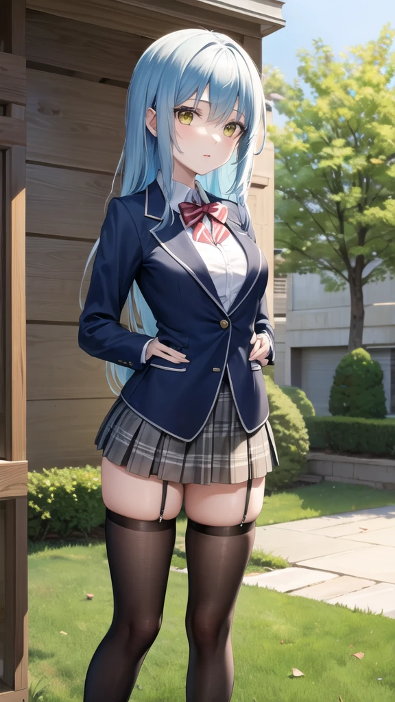 Minami Kotori、Minami Kotori、Blue hair、(Blue Eye Degree:1.5)、One side up、Hair Ribbon、bow ribbon、long、Break the blazer、a blue skirt、jaket、Otonokizaka Uniform、pleatedskirt、student clothes、Winter clothes、Looking for a break viewer、BREAK (masterpiece:1.2)、top-quality、hight resolution、unity 8k wall paper、(illustratio:0.8)、(beatiful detailed eyes:1.6)、extra detailed face、Perfect litthing、Highly detailed CG、 (perfect hand、perfect anatomia)、A smile、Naughty breasts、Normal breasts、,(Skirt lift:1.3), (Brown lace panties:1.3)、(Skirt that rolls up:1.3)、(Fully exposed panties:1.5),(is standing:1.3)、outside of house、plein air、