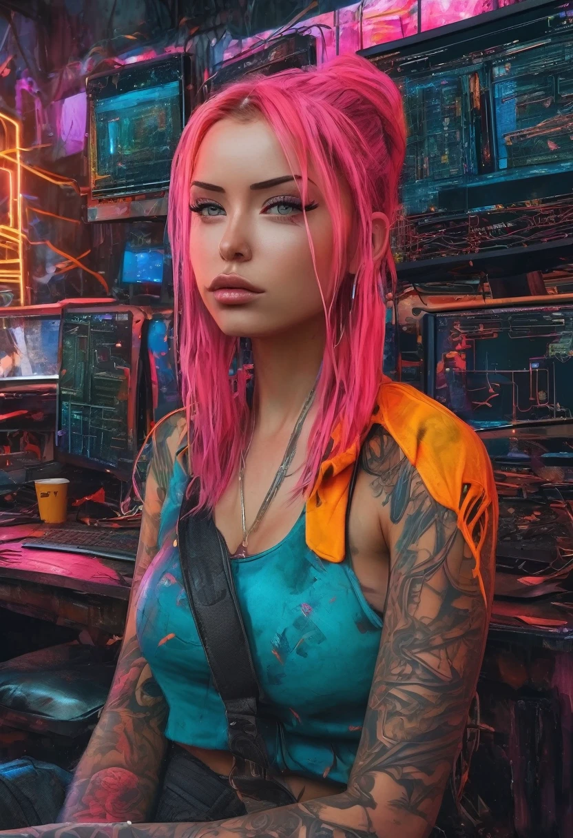 create an image demonstrating the style of ((Cyber Grunge)) style, hyper realism, 8k high definition, vibrant colors, sharp focus, insanely detailed