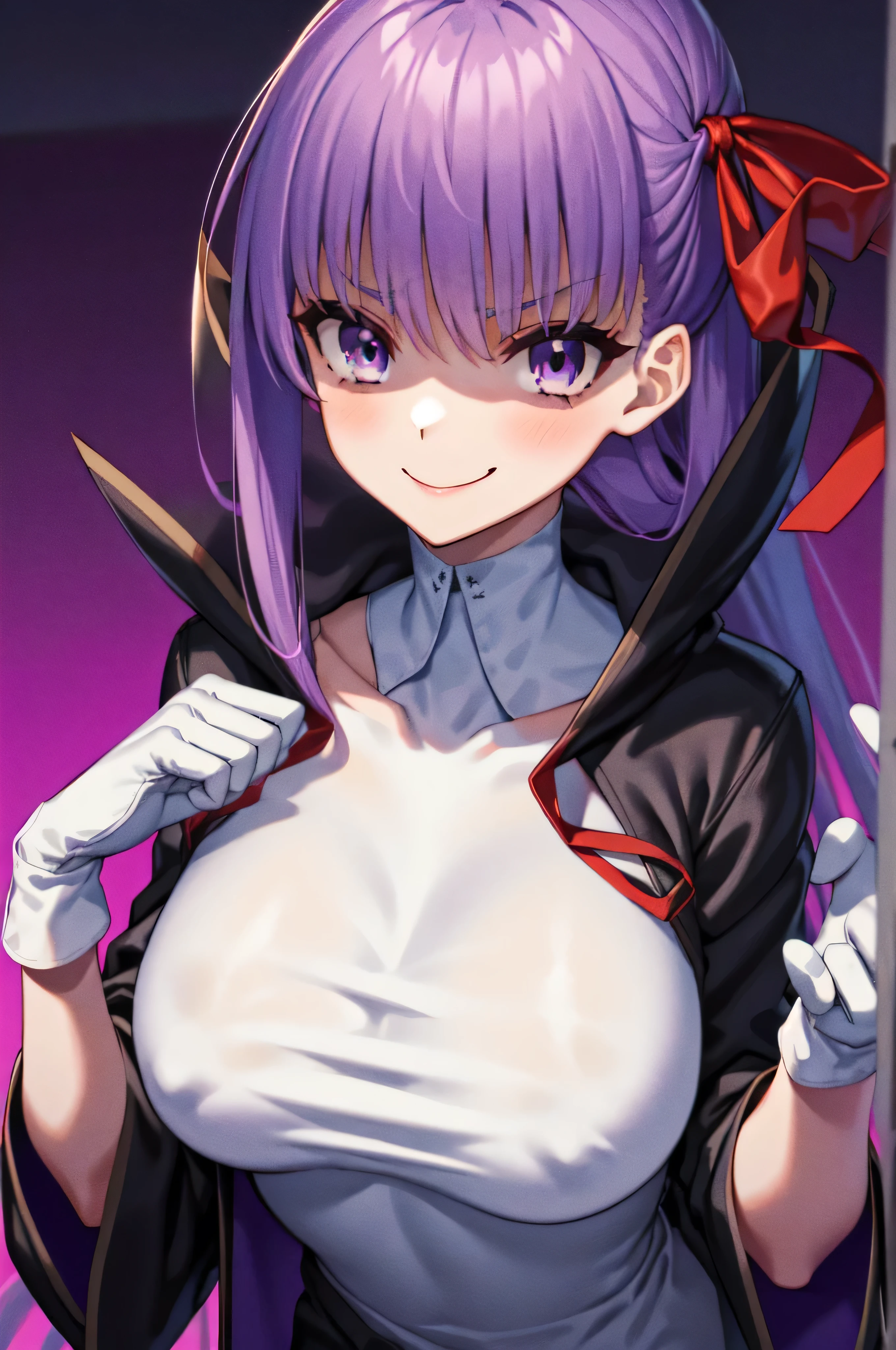  Isoscale, Mid Shot,  night, ,,, Purple Hair, Black jacket, , Red ribbon, Big Breasts, Purple eyes, White gloves, Long Hair, Large collar, evil Smile,,,(evil Smile:1.3),Highly detailed CG Unity 8K wallpapers, Perfect lighting,,Looking down at the viewer,,Anxious smile,Black and purple world background,deep shaded face(eyes in shadow),solo,Yandere,,look down,looking down at viewer, ,,from below,close up,Dark Side、),((masterpiece,best quality)), 