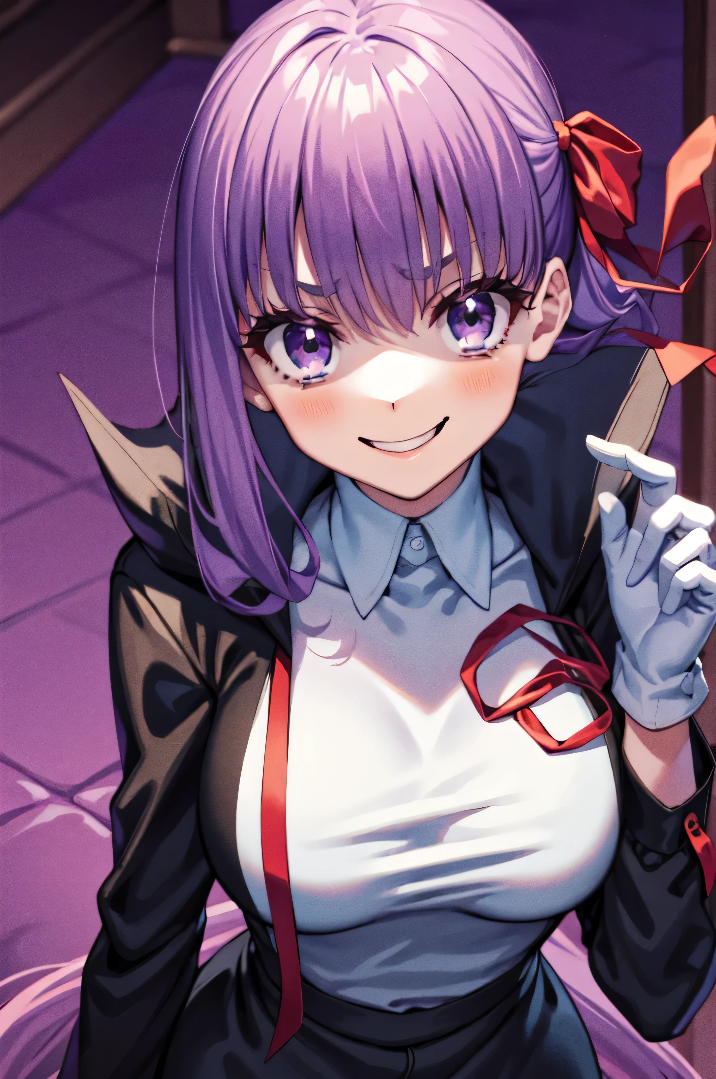  Isoscale, Mid Shot,  night, ,,, Purple Hair, Black jacket, , Red ribbon, Big Breasts, Purple eyes, White gloves, Long Hair, Large collar, evil Smile,,,(evil Smile:1.3),Highly detailed CG Unity 8K wallpapers, Perfect lighting,,Looking down at the viewer,,Anxious smile,Black and purple world background,deep shaded face(eyes in shadow),solo,Yandere,,look down,looking down at viewer, ,,from below,close up,Dark Side、),((masterpiece,best quality)), 