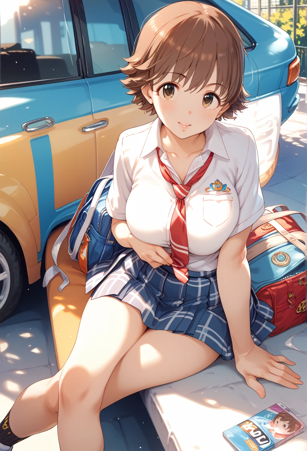 My honda, big breasts, short brown hair, School uniform, sitting