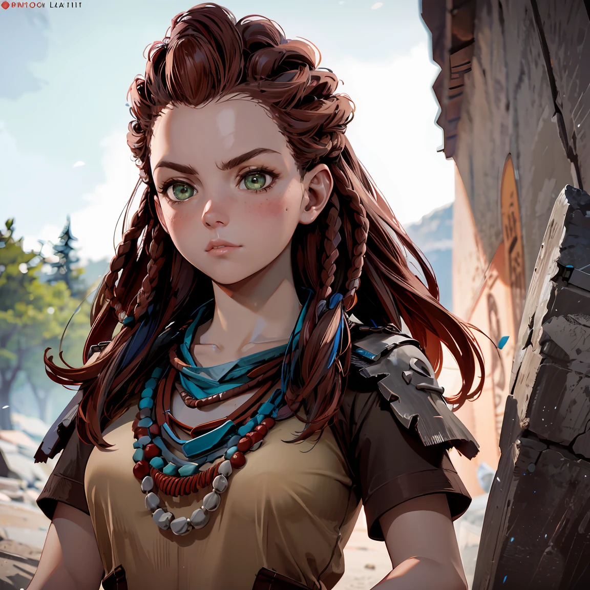 aloy,red hair,long hair,green eyes, tribal,dress,necklace,serious, standing,upper body, outdoors, (insanely detailed, masterpiece, beautiful face, best quality),solo,