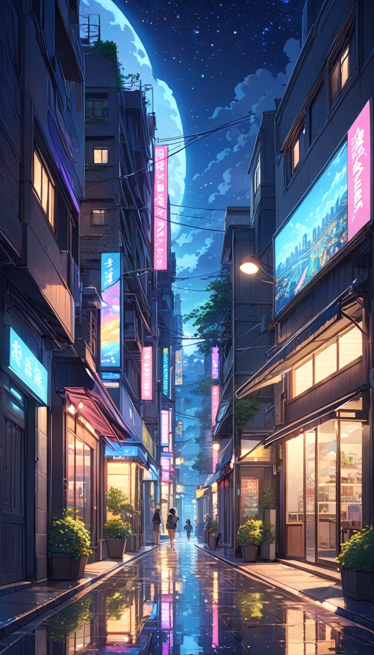 Viral anime urban wallpaper in 4k quality, night-time urban landscape in the style of anime, inspired by the work of Makoto Shinkai. The scene shows a modern city at night, illuminated by a variety of vibrant and colorful lights. Tall buildings with windows that glow softly, reflecting the city lights. The streets wet by the recent drizzle reflect the intense colors neon - shades of blue, purple, pink and yellow - that illuminate the scenery. A deep, starry night sky with dark clouds slightly scattered, leaving the full moon partially visible. The lamps of the poles shine with a warm light, illuminating the sidewalks where the shadows of the trees dance with the light breeze. Details like light plates and car headlights add a dynamic touch, creating a contrast between the quietness of the night and the hustle and bustle of the city. The image must be of high quality, with precise details and vibrant colors, bringing an atmosphere at the same time calm and full of life. --stylize 1000