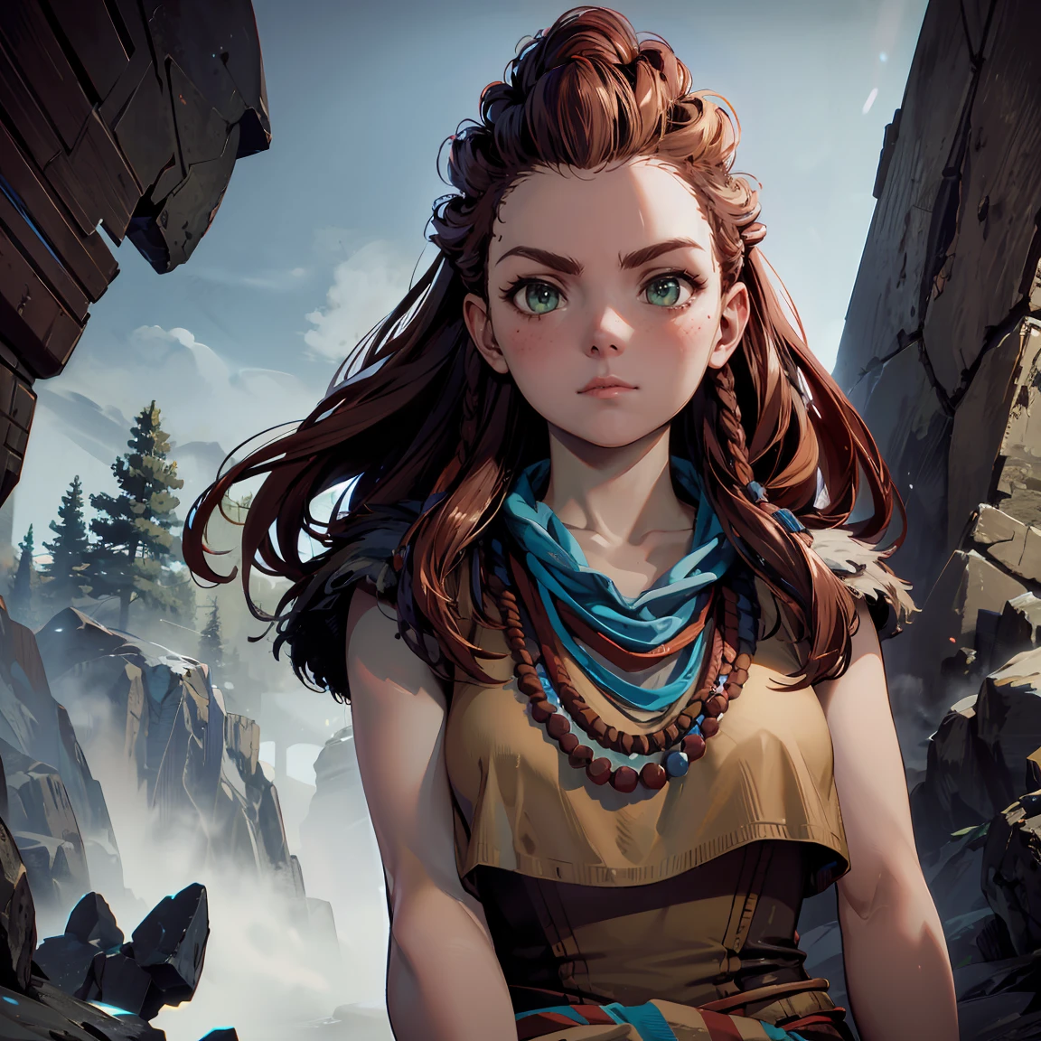 aloy,red hair,long hair,green eyes, tribal,dress,necklace,serious, standing,upper body, outdoors, (insanely detailed, masterpiece, beautiful face, best quality),solo,