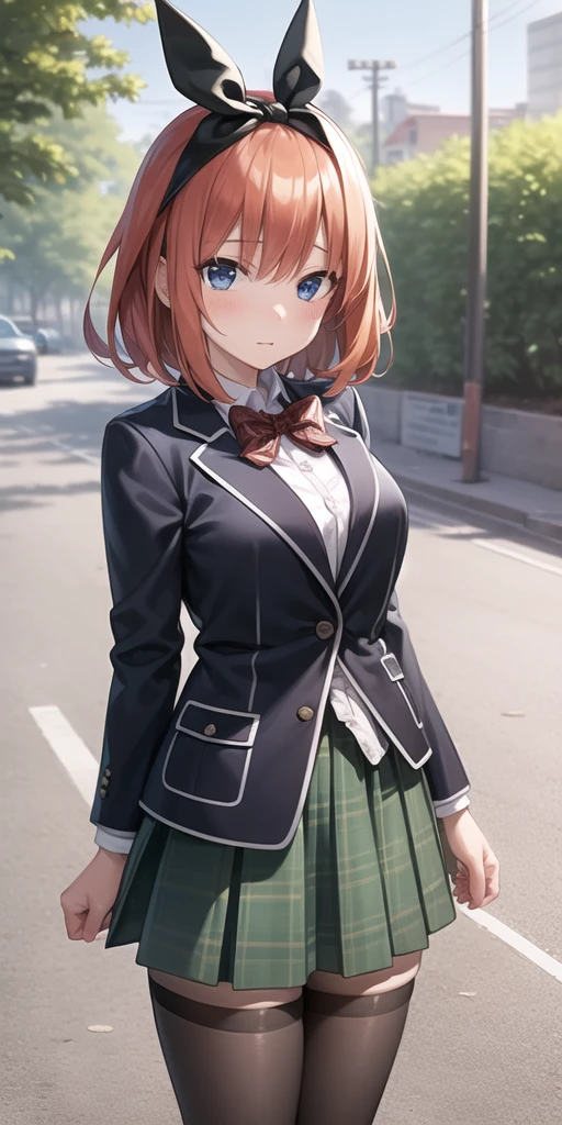 (masterpiece, best quality:1.0), highly detailed, detail, 1girl , , long hair, brown hair, UNiform, red bowtie, collared shirt, sweater vest, blazer, black blazer, opened jacket, long sleeves, plaid skirt, brown skirt, outdoor, sad, embarassed, standing, futanari, (futanari:1.2), cloth bulge, bulge, (cloth bulge:1.0)