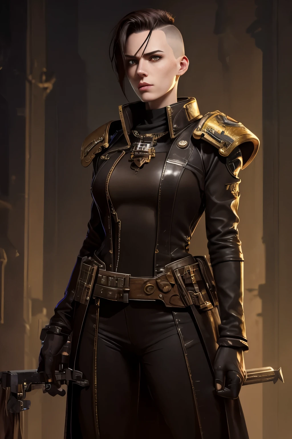 Warhammer 40k Setting: A h young female noble with very short dark-brown undercut. Shaved sides. Tomboyish. Androgynous. Slim. Wide hips. Long thick legs. Extremly pale skin with liverspots. A narrow soft face. Round chin. Curved lips. A long and wide nose. Upturned eyes. Brown eye colour. Very thin eyebrows. Big forehead. Long neck. Extremly pale skin. Freckles. Very short hair. Short manly haircut. Undercut. Sides shaved. Looking Androgynous. Tomboyish. Grim. Melancholic. Dark. Wearing clothing of an warhammer 40k noble. Background: A sinister industrial megacity in a grim warhammer 40k universe.
