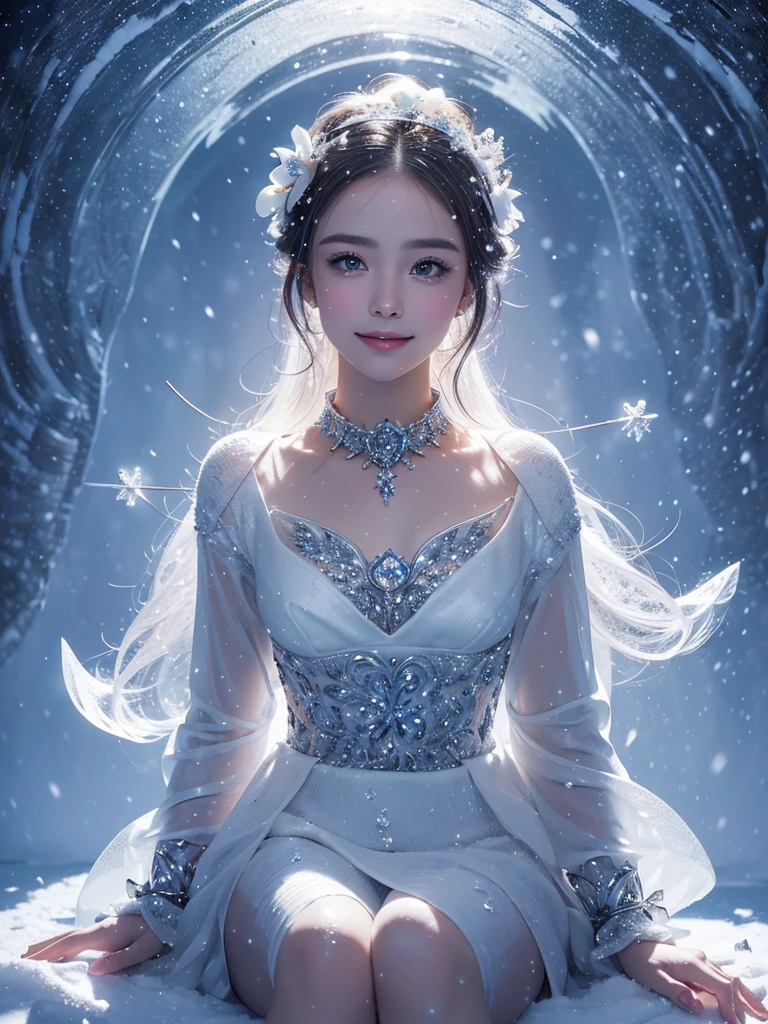 Unsurpassed masterpiece,  Ultra photo realism ,  perfect artwork,  intricate details,  Best quality, bright light, high contrast, the night, Star lights, Northern Lights , (((backlight))), Shiny hair, Girl sitting on a white ice throne, , a beauty,  blurry background , smile, Brisa, (((diamante_collar))), (((Snowing,snow flower))),