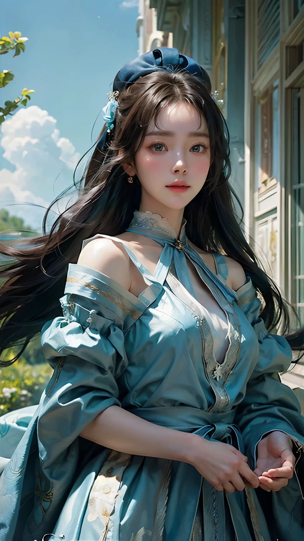 (masterpiece), ( top notch ), ( high quality detail ), (illustration), (1 woman), are watching viewers, (Interview), beautiful detailed eyes , delicate and beautiful face , Floating , (Highly saturated ), (shining), blue sky, Bright and beautiful face, Her skin is young, radiant, , 공정하고 shining, Best appearance , Very beautiful, big eyes shine with clear sky blue light, beautiful and amazing beautiful girl ,