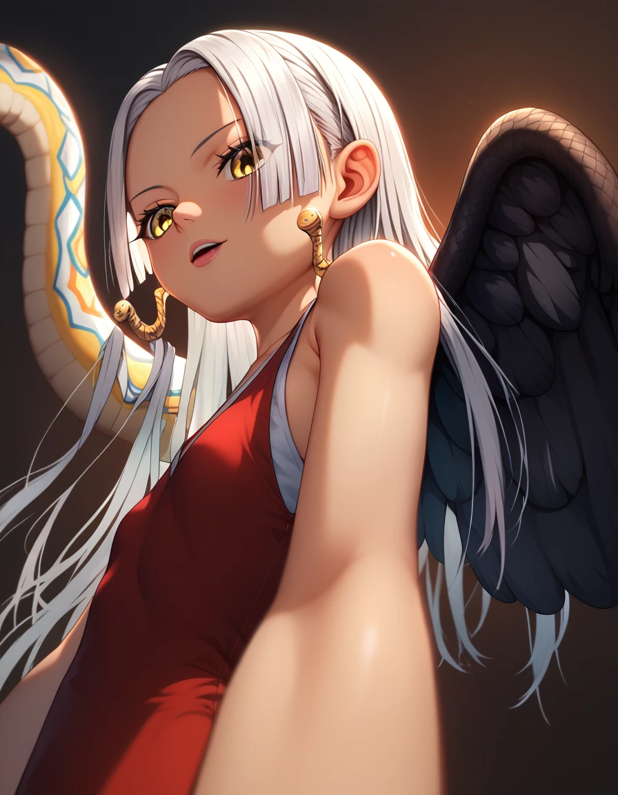 UHD, retina,  textured skin ,  tall details,  porn movie ,  best quality ,   high resolution icon , 1080P, HD, 16k、1 ,Earth snake  ,  long hair , white hair, pele morena、,    for a woman alone ,  yellow eyes ,  pupils in the shape of a symbol,  Black wings  ,   small breasts.  dress,   dress branco ,  sleeveless, bracelete, Brincos Flames on the back 、flat chest、cunnilingus, 1 , of coasts, pose, bottom view,  rear view  