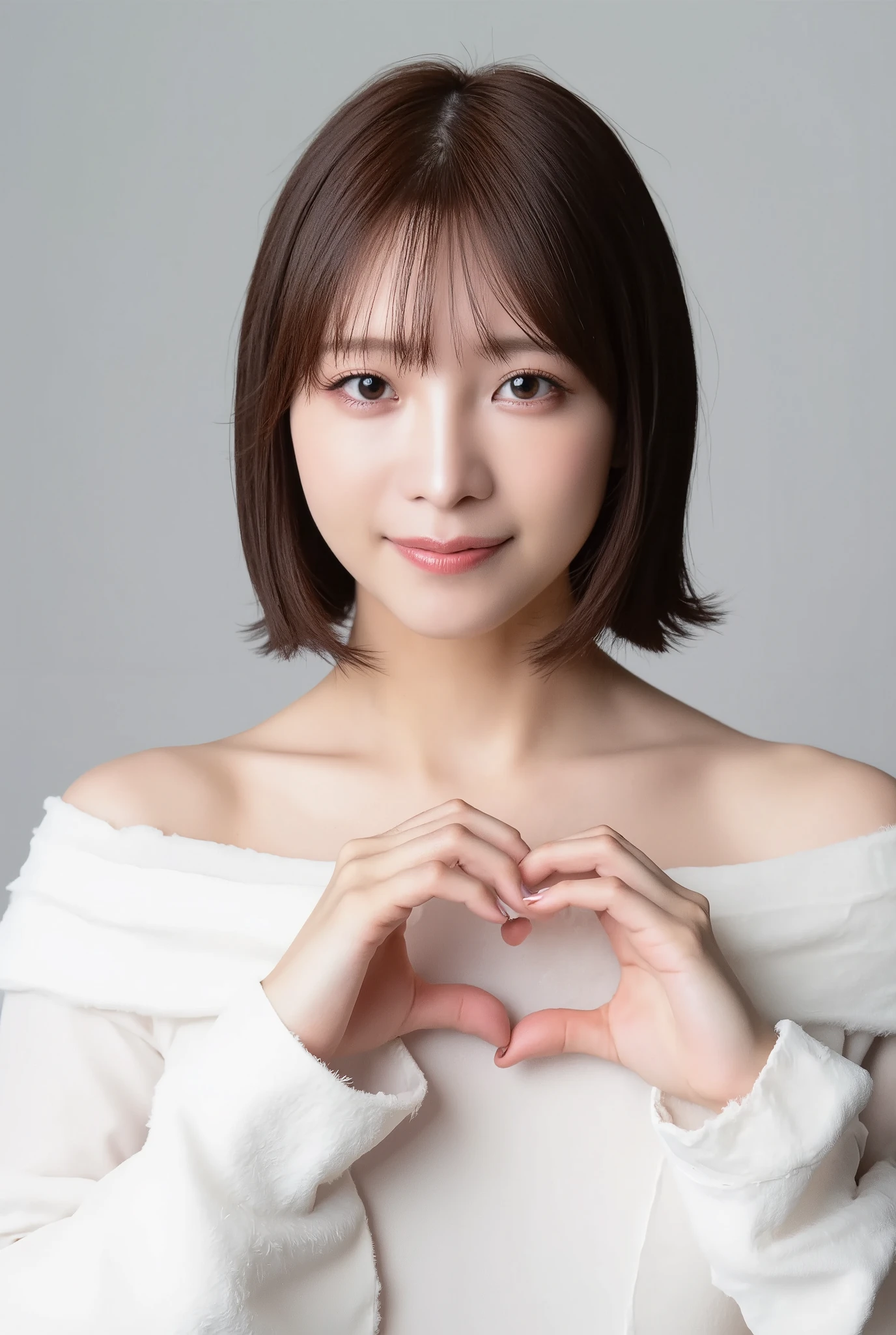 Only one woman with a cute smile wears cute, fluffy off-shoulder pajamas, makes a big heart shape with both hands, and poses them in front of her chest, View above collarbone、The background is a monotone 、
