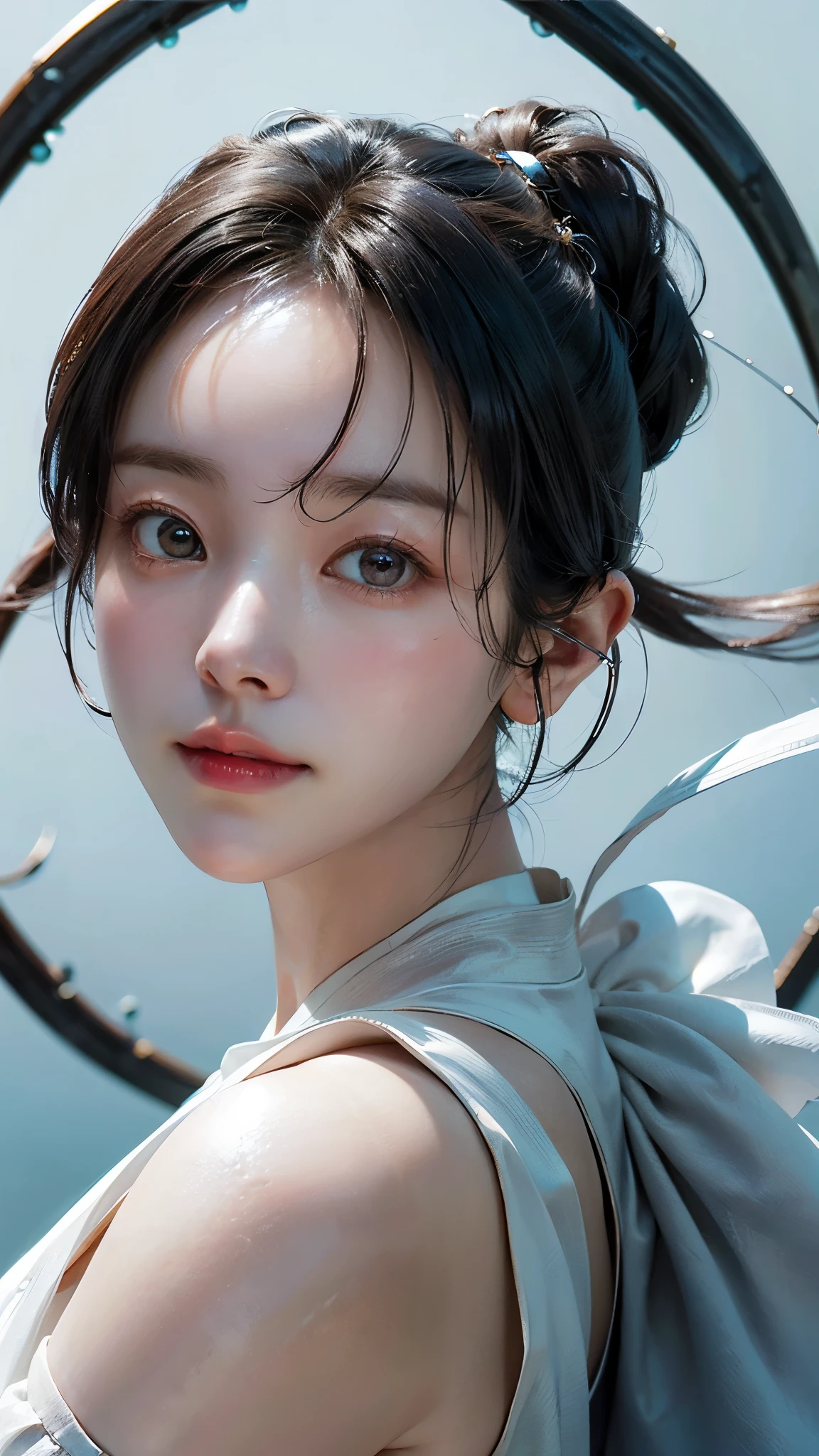 (masterpiece), ( top notch ), ( high quality detail ), (illustration), (1 woman), are watching viewers, (Interview), beautiful detailed eyes , delicate and beautiful face , Floating , (Highly saturated ), (shining), blue sky, Bright and beautiful face, Her skin is young, radiant, , 공정하고 shining, Best appearance , Very beautiful, big eyes shine with clear sky blue light, beautiful and amazing beautiful girl ,