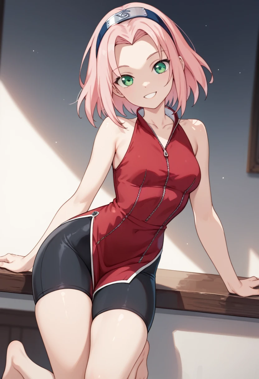 1girl, teen , looking at the viewer, smile, thin waist, very very thin waist, very slim body, very slender body, petite body, slim thighs and waist. sakura haruno, medium hair, green eyes, pink hair, parted bangs, dress, bare shoulders, collarbone, sleeveless, red sleeveless dress, zipper, black bike shorts, teen, forehead protector, leaning forwards,