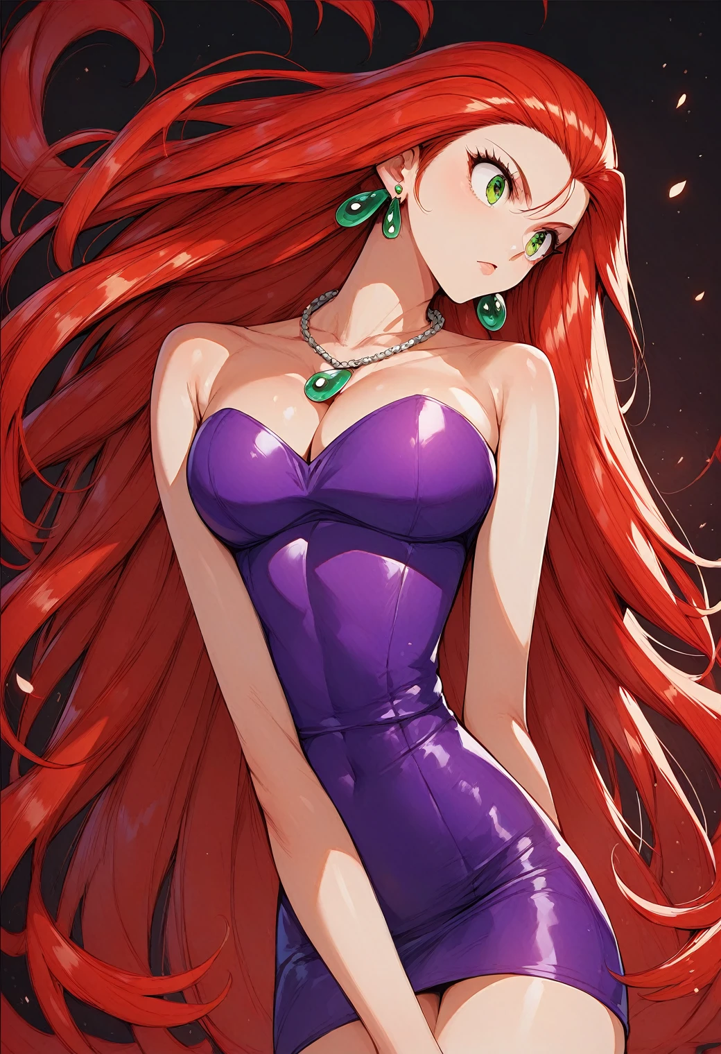 mikami_reiko, green eyes, red hair, long hair, forehead, earrings, necklace, cleavage, bare shoulders, purple dress, short dress, strapless dress, tube dress,