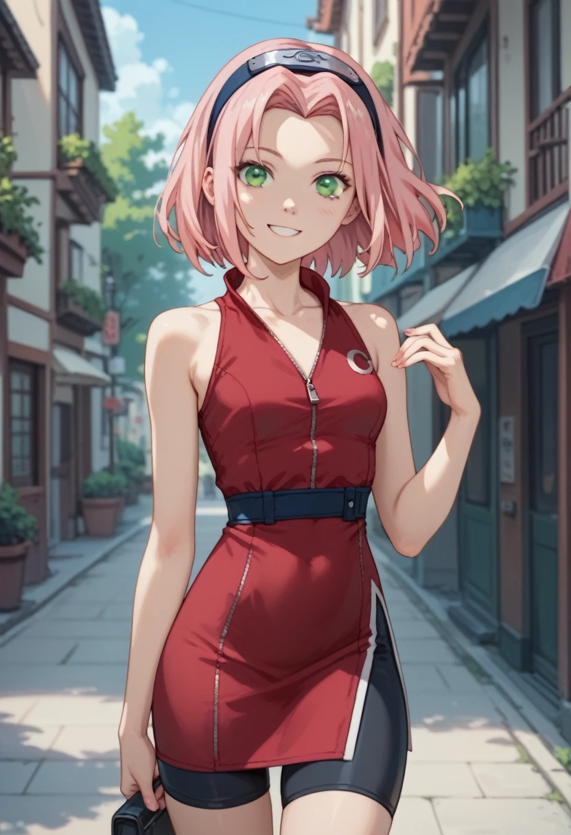 1girl, teen, looking at the viewer, smile, thin waist, very very thin waist, very slim body, very slender body, petite body, slim thighs and waist. sakura haruno, medium hair, green eyes, pink hair, parted bangs, dress, bare shoulders, collarbone, sleeveless, red sleeveless dress, zipper, black bike shorts, teen, forehead protector, leaning forwards,