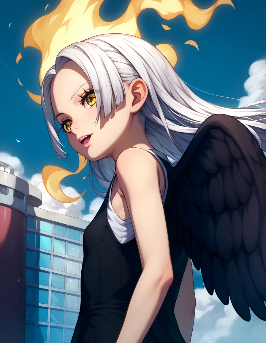 UHD, retina,  textured skin ,  tall details,  porn movie ,  best quality ,   high resolution icon , 1080P, HD, 16k,  long hair , white hair, pele morena、,    for a woman alone ,  yellow eyes ,  pupils in the shape of a symbol,  Black wings  ,   small breasts.  dress,   dress branco ,  sleeveless, bracelete, Brincos Flames on the back 、flat chest、cunnilingus, 1 , of coasts, pose, bottom view,  rear view , of coasts 