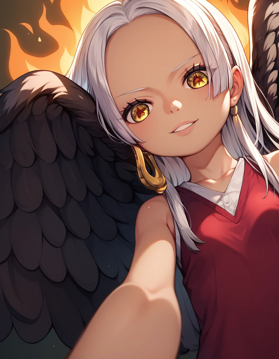 UHD, retina,  textured skin ,  tall details,  porn movie ,  best quality ,   high resolution icon , 1080P, HD, 16k,  long hair , white hair, pele morena、,    for a woman alone ,  yellow eyes ,  pupils in the shape of a symbol,  Black wings  ,   small breasts.  dress,   dress branco ,  sleeveless, bracelete, Brincos Flames on the back 、flat chest、cunnilingus, 1 , of coasts, pose, bottom view,  rear view , of coasts 