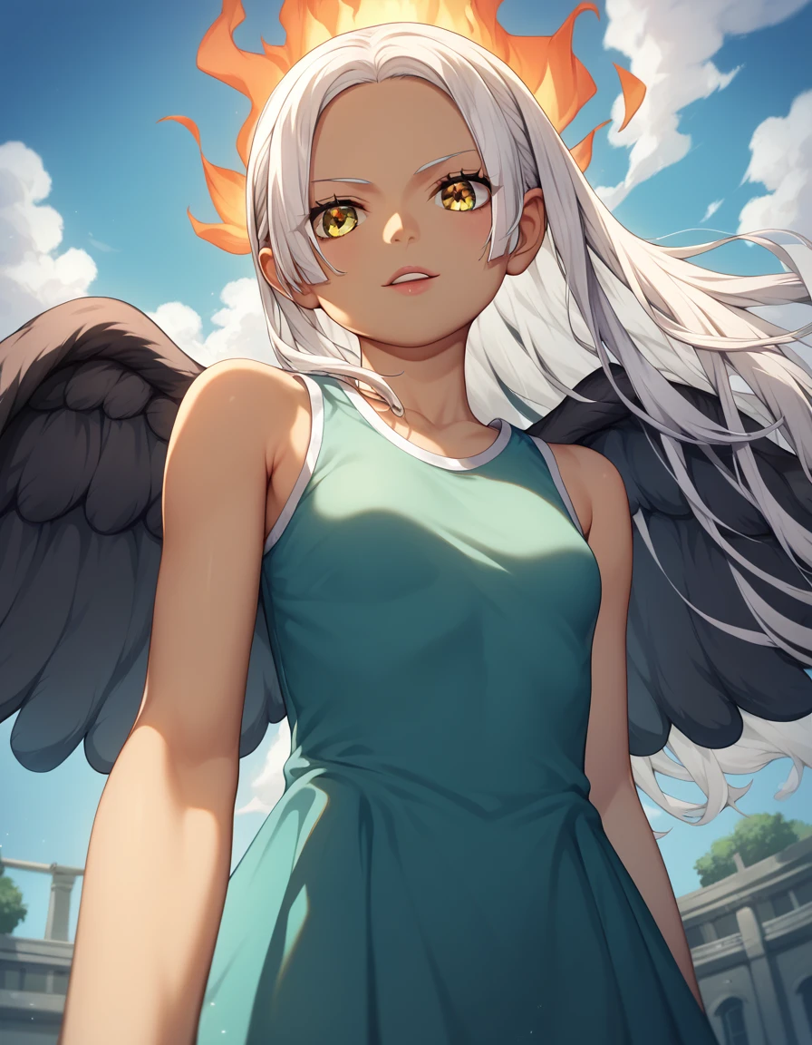 UHD, retina,  textured skin ,  tall details,  porn movie ,  best quality ,   high resolution icon , 1080P, HD, 16k,  long hair , white hair, pele morena、,    for a woman alone ,  yellow eyes ,  pupils in the shape of a symbol,  Black wings  ,   small breasts.  dress,   dress branco ,  sleeveless, bracelete, Brincos Flames on the back 、flat chest、cunnilingus, 1 , of coasts, pose, bottom view,  rear view , of coasts 