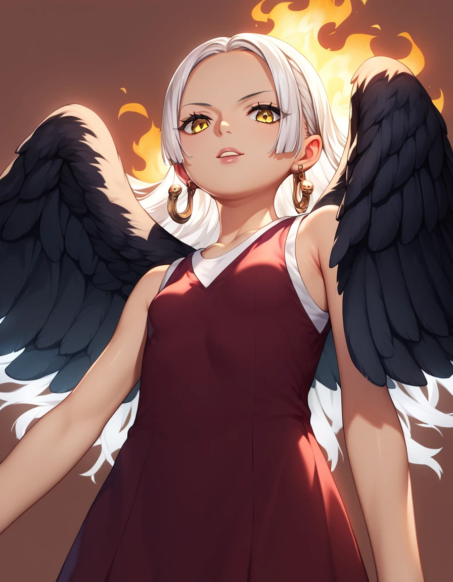 UHD, retina,  textured skin ,  tall details,  porn movie ,  best quality ,   high resolution icon , 1080P, HD, 16k,  long hair , white hair, pele morena、,    for a woman alone ,  yellow eyes ,  pupils in the shape of a symbol,  Black wings  ,   small breasts.  dress,   dress branco ,  sleeveless, bracelete, Brincos Flames on the back 、flat chest、cunnilingus, 1 , of coasts, pose, bottom view,  rear view , of coasts 