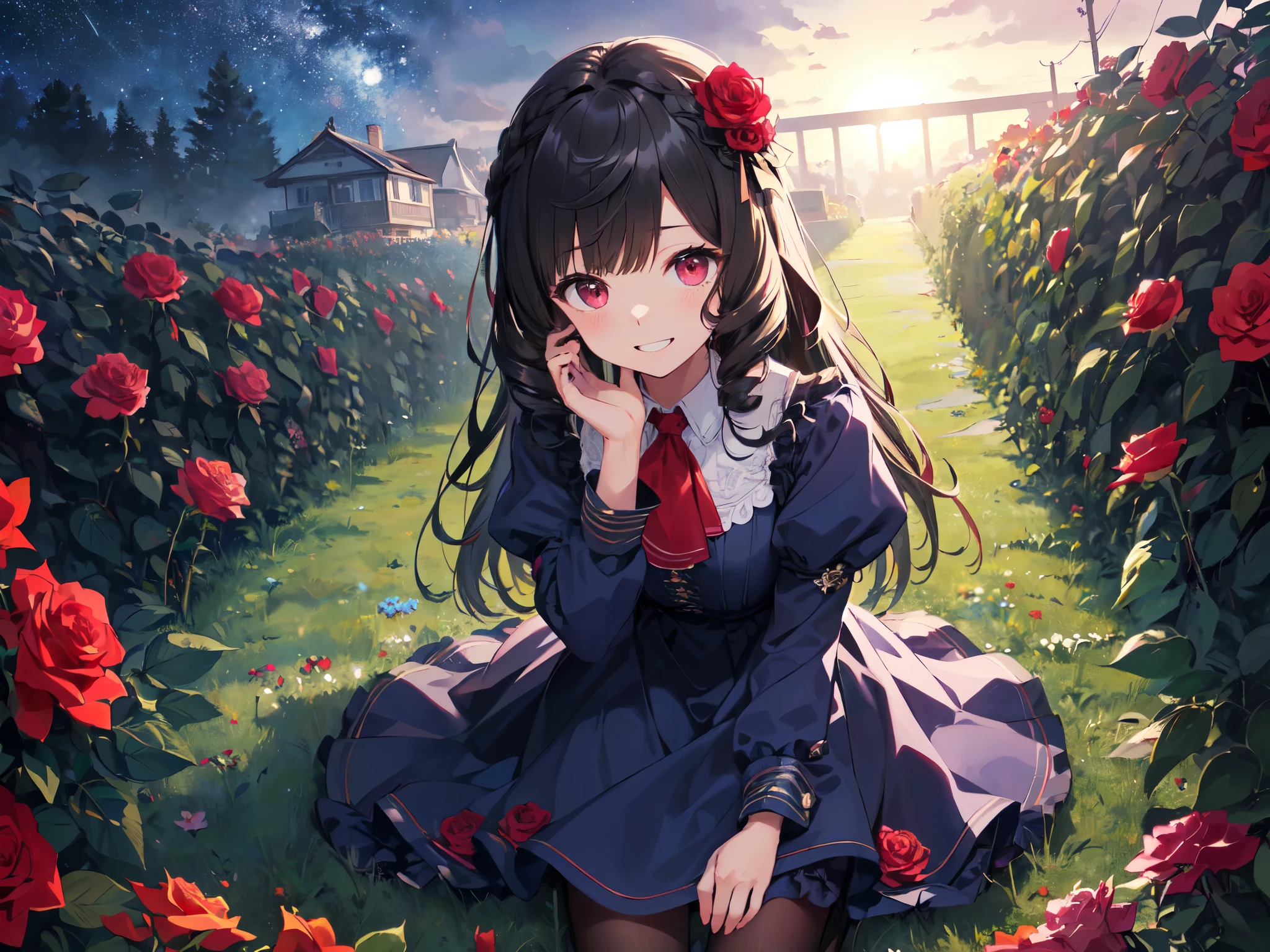 (retina、masterpiece、correct、 anatomically correct 、 textured skin、 super detailed、 high detail、 High Quality 、 Award-winning 、最 High Quality 、 high-resolution icon )、Human Ear、Red eyes、(Vertical Roll、Vertical Rollの髪)、((blue high waist dress)、( blue skirt)、Frills、 Puff Sleeves 、 Long Sleeve )、((Red Rose Garden)、( surrounded by lots of red roses)、( starry sky )、(Outdoor)、(Night Grassland)、flower、髪にflower、(Glancing sideways)、( Raise Your Hands Above Your Head )、赤いflower、One person、 black pantyhose、 Black Legwear、(( Viewpoint from a slightly higher position ))、(Ahegao、Big smile)、( slouching forward、 slouching forwardの姿勢、 on all fours、(Kneel))、Blue high-waisted dress with a focus on the side chest