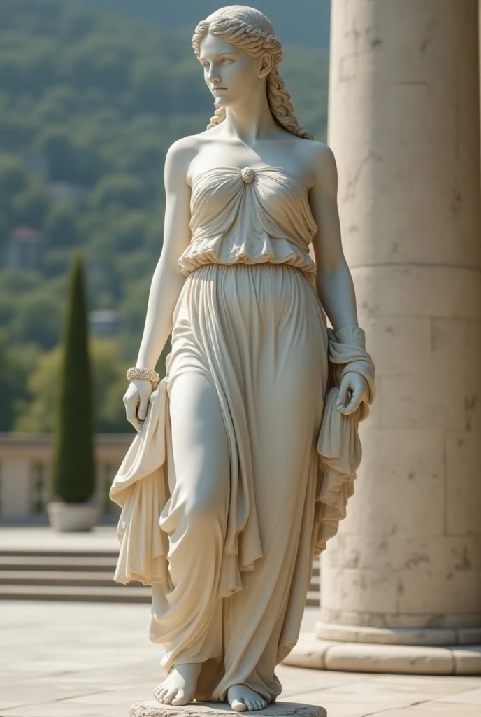 Ancient Greek sculpture、Historical Art、Statue of a young and beautiful ancient Greek goddess in ancient Greek clothing、whole body、Marble statue、Antique、Ruins of ancient Greece、a heavy atmosphere、Traditional atmosphere、(Highest quality,Extremely detailed depiction,High resolution,Anatomically accurate depiction)