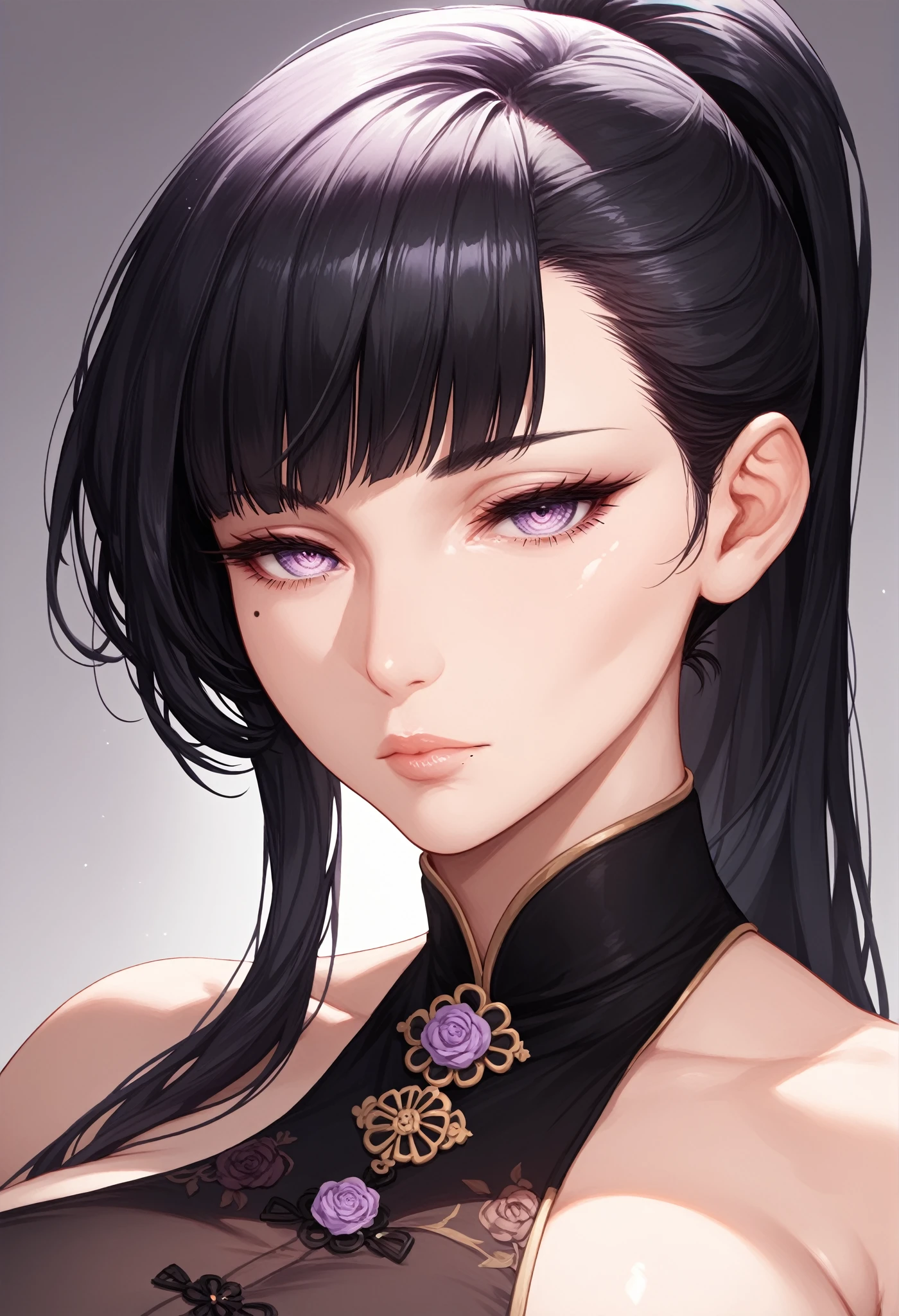 masterpiece,best quality,upper body,1girl,Extremely beautiful clothes(different stlyes),colored with greyscale background,airbrush \(medium\),polar opposites,half updo,flower-shaped pupils,cheek poking,three sided view,Blunt Bangs, purple eyes, dark blue hair