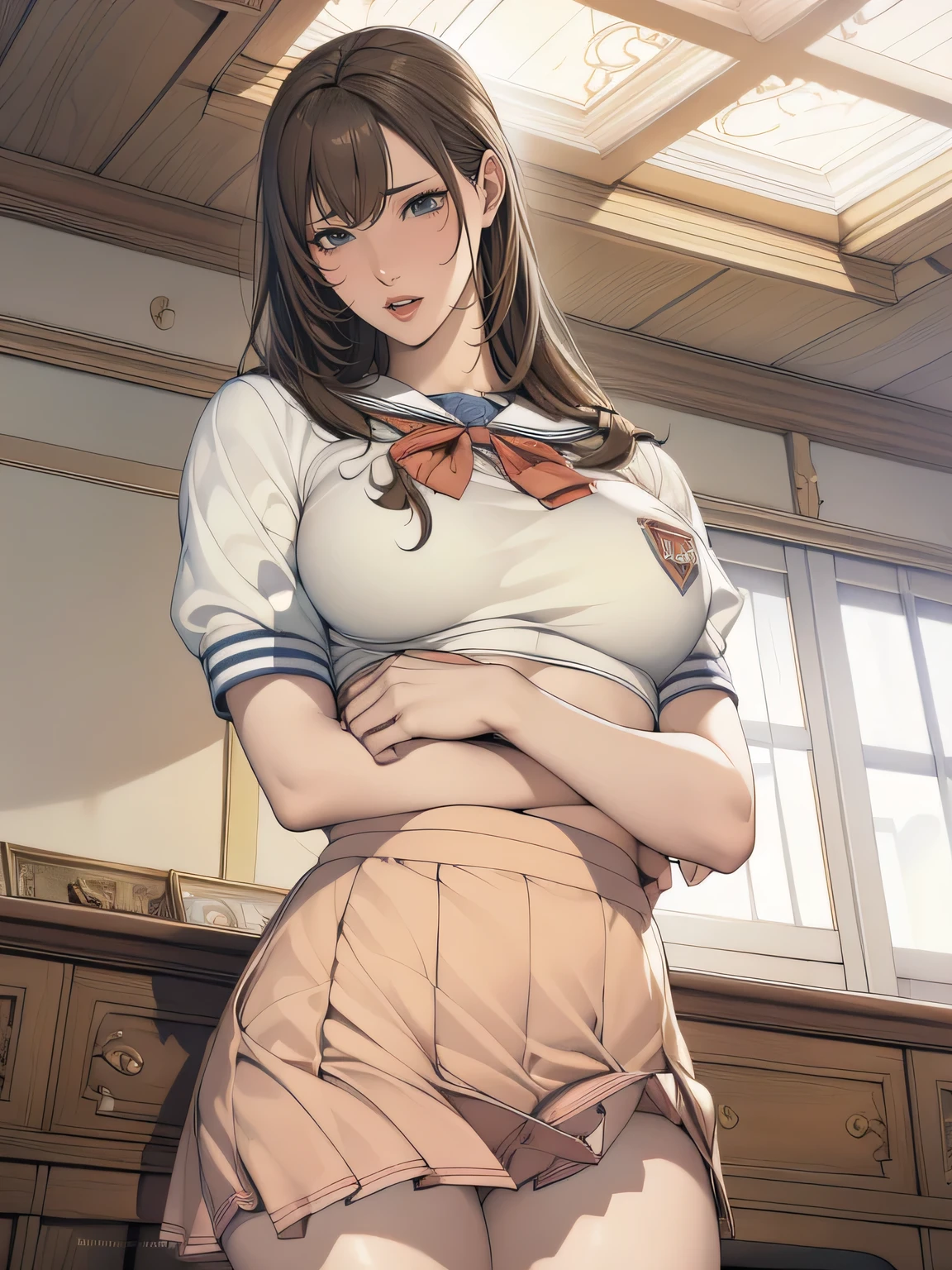 (8k, 最 High Quality : 1.2), very detailed , Complete solution, (Realistic, Realistic photo: 1.37), portrait, high definition RAW color photograph, Professionally arrested, high definition and beautiful, high definition , 8k image wallpaper from Down Chronicles , Amazing Details, Large File Size , High Definition Beautiful Girl , very detailed face, ( delicately defined super beautiful eyes:1.8), The nose shape is accurate ., Expressive lips,(sunset,Big House, Seaside restaurant background:1.2) , A story, cute girl, Realistic, (Down記から,ceiling:1.6),(View Download:1.5),(Clitoral Focus,throw:1.5),( skirt flip:1.8), (Love me tenderly:1.8), (cinematic scene, Fantasy Art ,最 High Quality , High Quality , high definition , High Quality Textures, high details, beautiful details, fine detail, very detailed なCG, detail texture ,Realistic representation of face,masterpiece,before,dynamic,),1gir,Ultra-detailed skin,curve,( covered nipples:0.95),(Down :1.3), Beautiful breasts,( small breasts:0.9),(Pale skin:1.2),(Ultra-fine hair),(Very soft hair),(Super straight hair),Long Bangs,Very light copper blonde, hair,( Perfect Body 、Very slim beauty: 1.4),smart abs,(Cropped School Uniform:1.5),( open your mouth :1.3),