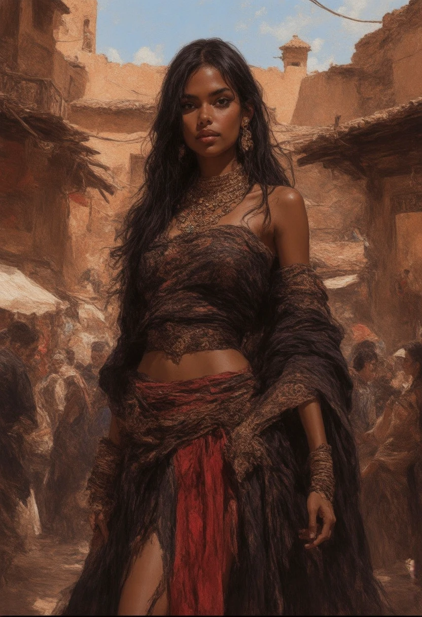 a headturning woman, straight long black hair, bronze tanned skin and striking dark eyes. She is wearing a little off shoulder black and red top with low neckline and midriff, a ankle long split skirt, bright bronze necklace with jewels, flowing detached sleeves with arcane symbols, standing in a teahouse in a marroco inspired fantasy city, stern expression, ren playing, dancers in in the back, sunny day, market place, drawn illustration