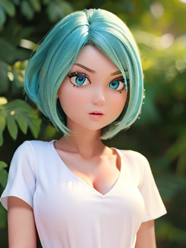 (beautiful,detailed eyes:1.1,green),( Delicate facial features ,thesis Clara:1.1),( blue hair,single),( elegant dress, White T-shirt ,jeans),(youthful, elegant posture ),(  bright colors  ),(portrait:1.1),( sharp focus),( studio lighting),(bokeh),(femenino,1 girl),(busty,voluptuous),(relaxed, confident expression ) busty. Voluptuous