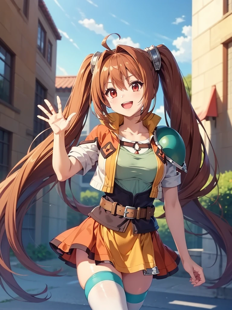 (masutepiece, Best Quality, hight resolution, nffsw, Perfect Pixel, depth of fields, 4K), Beautiful anime girl, Perfect body ,,,scEstelle, cropped jacket, green shoulder pad, tan shirt, orange skirt, belt, white thighhighs, (waving gesture), smile , open the mouth,