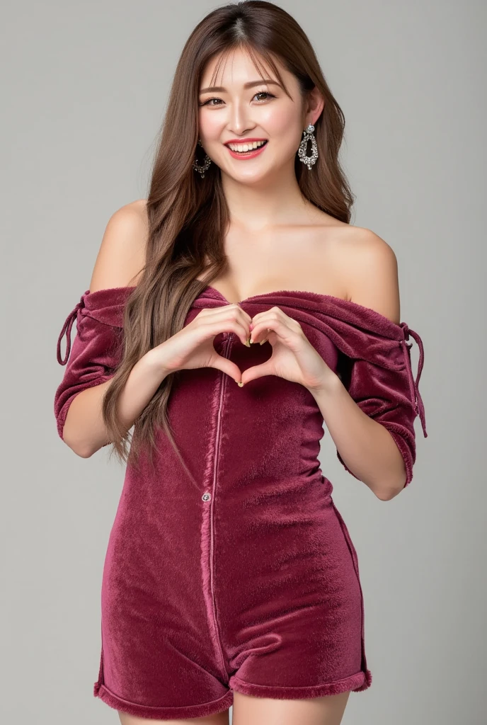 Only one woman with a cute smile wears cute, fluffy off-shoulder pajamas, makes a big heart shape with both hands, and poses them in front of her chest, View above collarbone、The background is a monotone 、
