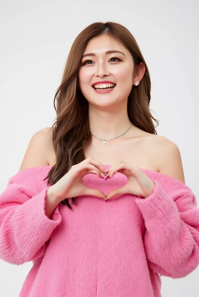 Only one woman with a cute smile wears cute, fluffy off-shoulder pajamas, makes a big heart shape with both hands, and poses them in front of her chest, View above collarbone、The background is a monotone 、
