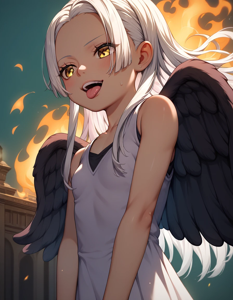 UHD, retina,  textured skin ,  tall details,  porn movie ,  best quality ,   high resolution icon , 1080P, HD, 16k,  long hair , white hair, pele morena、,    for a woman alone ,  yellow eyes ,  pupils in the shape of a symbol,  Black wings  ,   small breasts.  dress,   dress branco ,  sleeveless, bracelete, Brincos Flames on the back 、flat chest、cunnilingus, 1 , of coasts, pose, bottom view,  rear view , whole body,   , ahegao, sexy,  sexy body