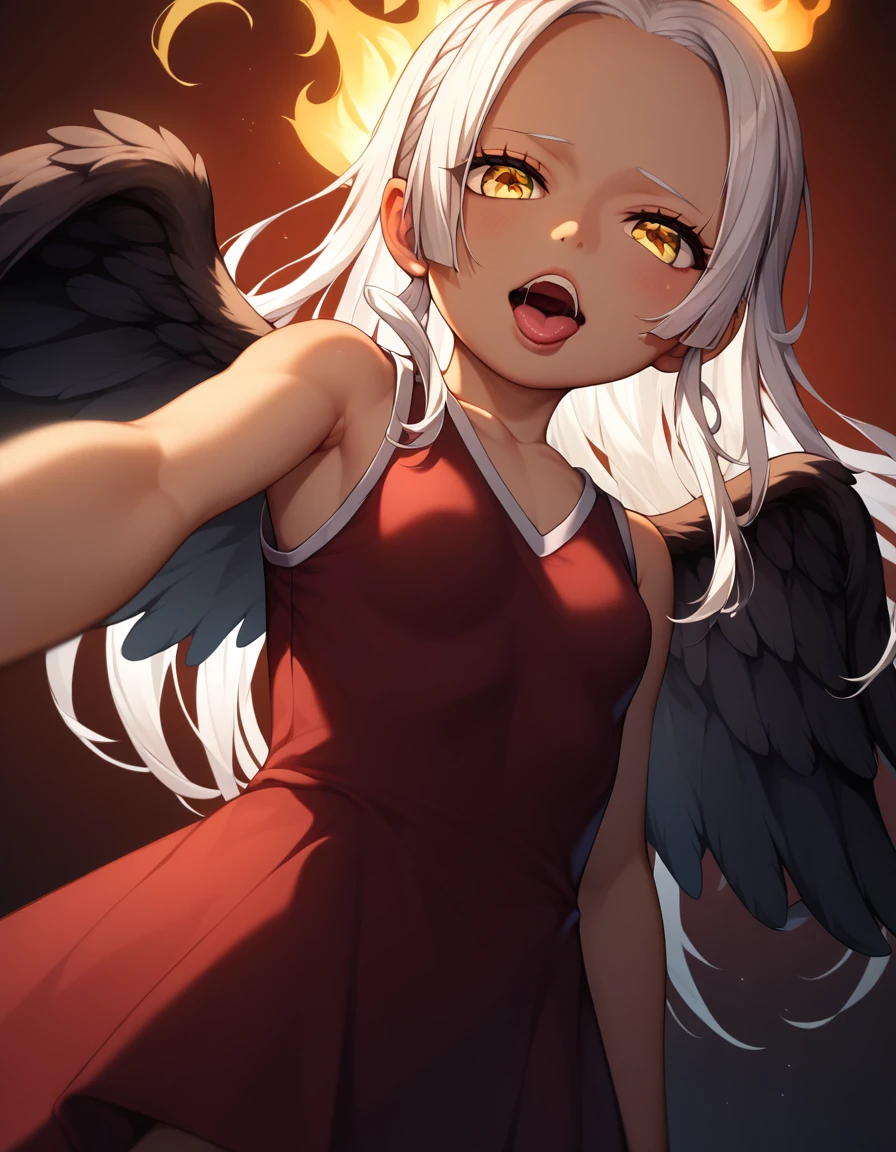 UHD, retina,  textured skin ,  tall details,  porn movie ,  best quality ,   high resolution icon , 1080P, HD, 16k,  long hair , white hair, pele morena、,    for a woman alone ,  yellow eyes ,  pupils in the shape of a symbol,  Black wings  ,   small breasts.  dress,   dress branco ,  sleeveless, bracelete, Brincos Flames on the back 、flat chest、cunnilingus, 1 , of coasts, pose, bottom view,  rear view , whole body,   , ahegao, sexy,  sexy body