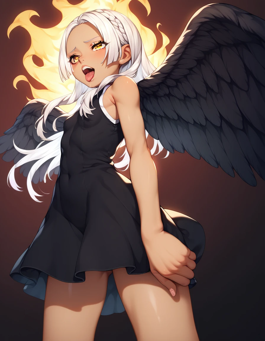 UHD, retina,  textured skin ,  tall details,  porn movie ,  best quality ,   high resolution icon , 1080P, HD, 16k,  long hair , white hair, pele morena、,    for a woman alone ,  yellow eyes ,  pupils in the shape of a symbol,  Black wings  ,   small breasts.  dress,   dress branco ,  sleeveless, bracelete, Brincos Flames on the back 、flat chest、cunnilingus, 1 , of coasts, pose, bottom view,  rear view , whole body,   , ahegao, sexy,  sexy body