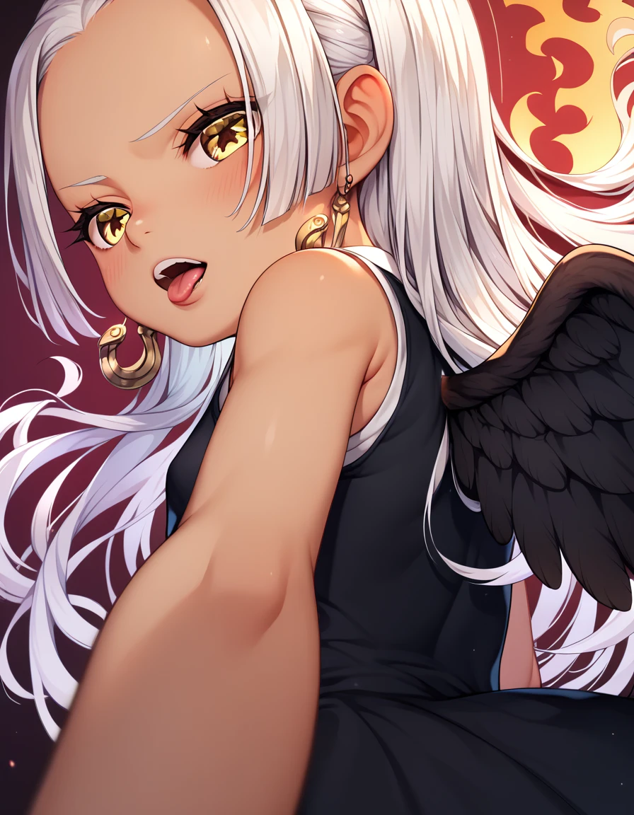 UHD, retina,  textured skin ,  tall details,  porn movie ,  best quality ,   high resolution icon , 1080P, HD, 16k,  long hair , white hair, pele morena、,    for a woman alone ,  yellow eyes ,  pupils in the shape of a symbol,  Black wings  ,   small breasts.  dress,   dress branco ,  sleeveless, bracelete, Brincos Flames on the back 、flat chest、cunnilingus, 1 , of coasts, pose, bottom view,  rear view , whole body,   , ahegao, sexy,  sexy body